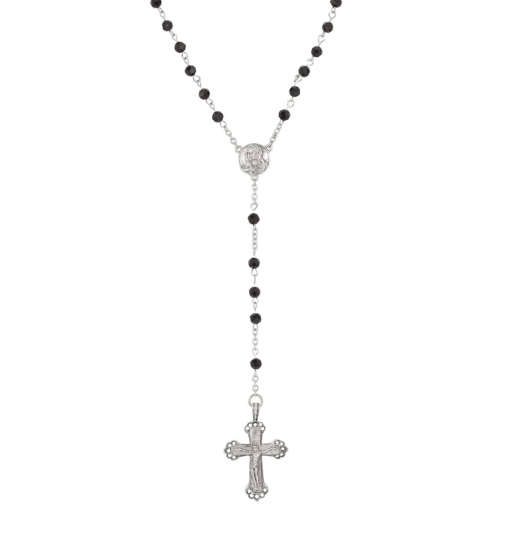 Symbols Of Faith Crucifix & Mother Mary Jet Black Glass Rosary Prayer Beads