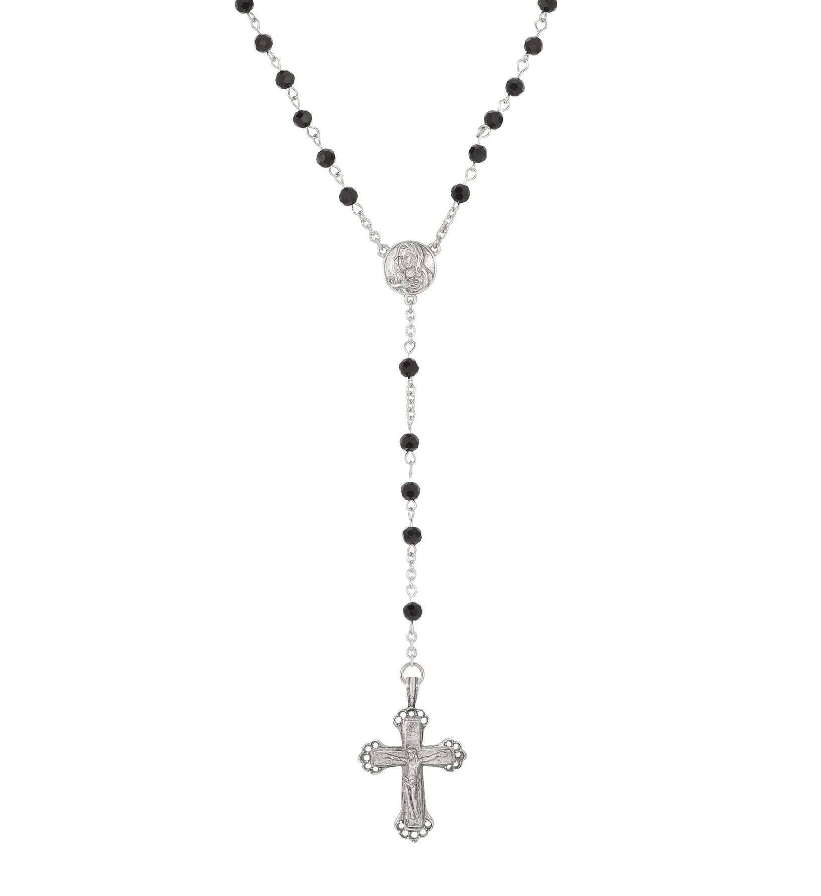 Symbols Of Faith Crucifix & Mother Mary Jet Black Glass Rosary Prayer Beads