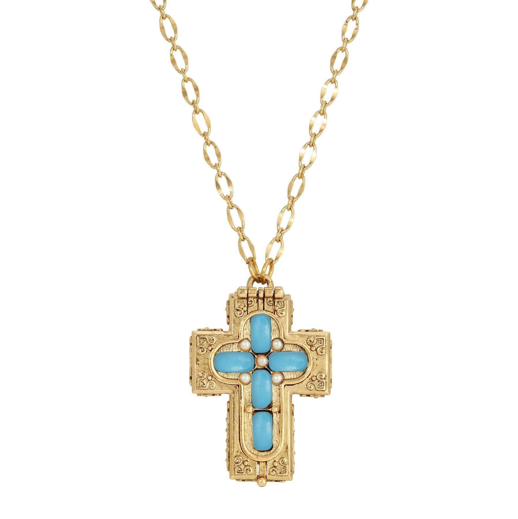 Symbols Of Faith Glass Stone Faux Pearl Cross Reliquary Pendant Necklace 32"