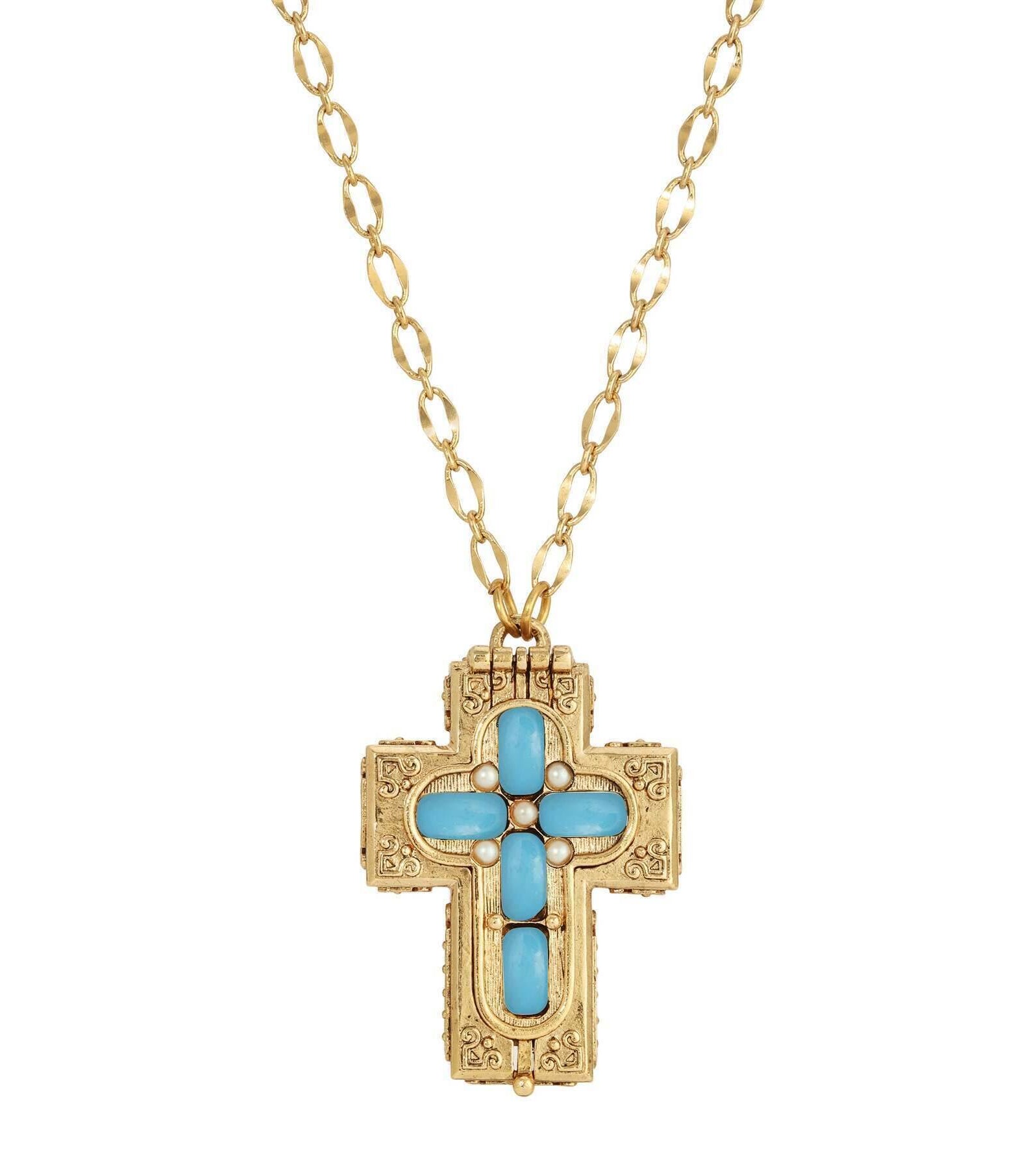 Symbols Of Faith Glass Stone Faux Pearl Cross Reliquary Pendant Necklace 32"