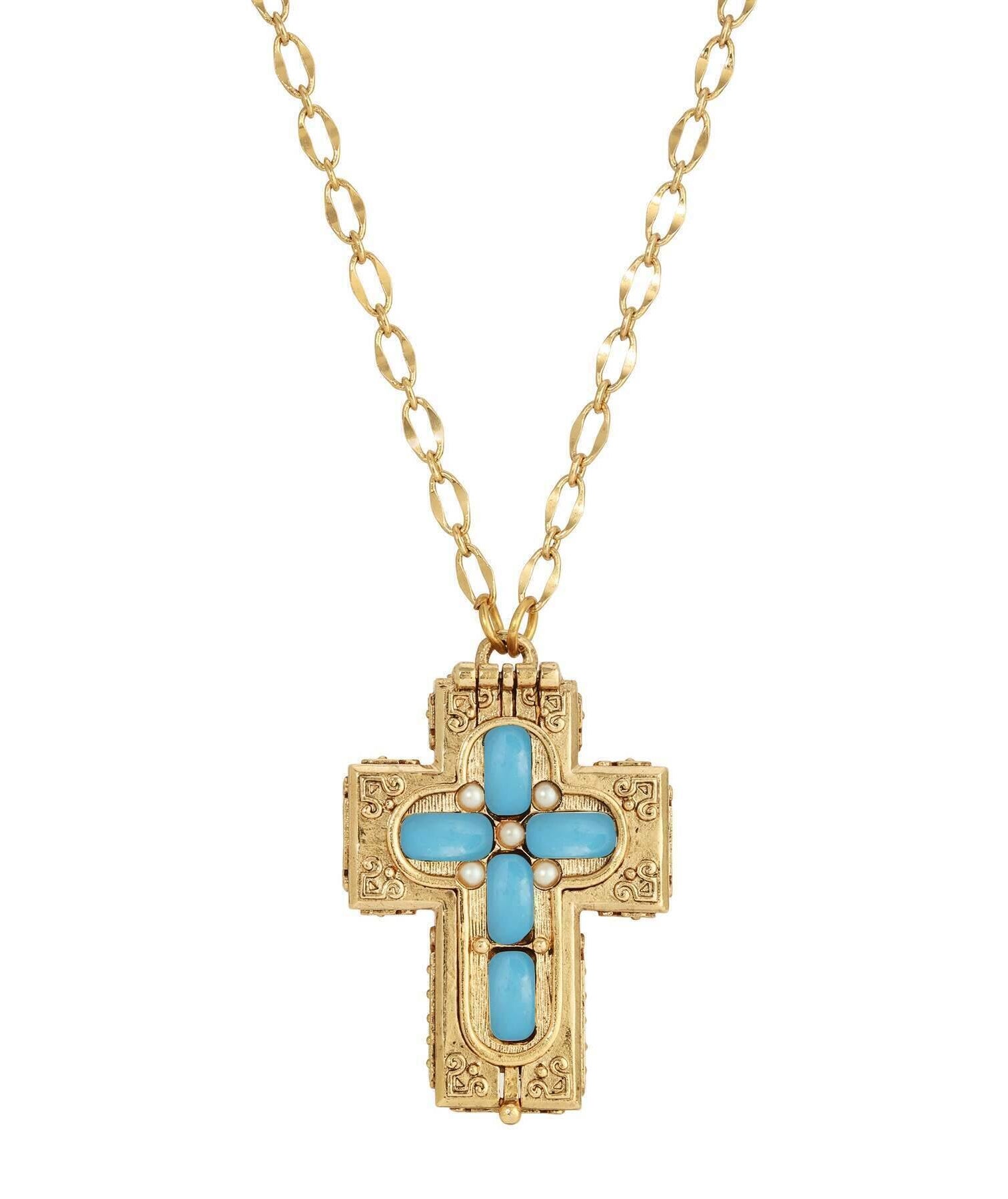 Symbols Of Faith Glass Stone Faux Pearl Cross Reliquary Pendant Necklace 32"