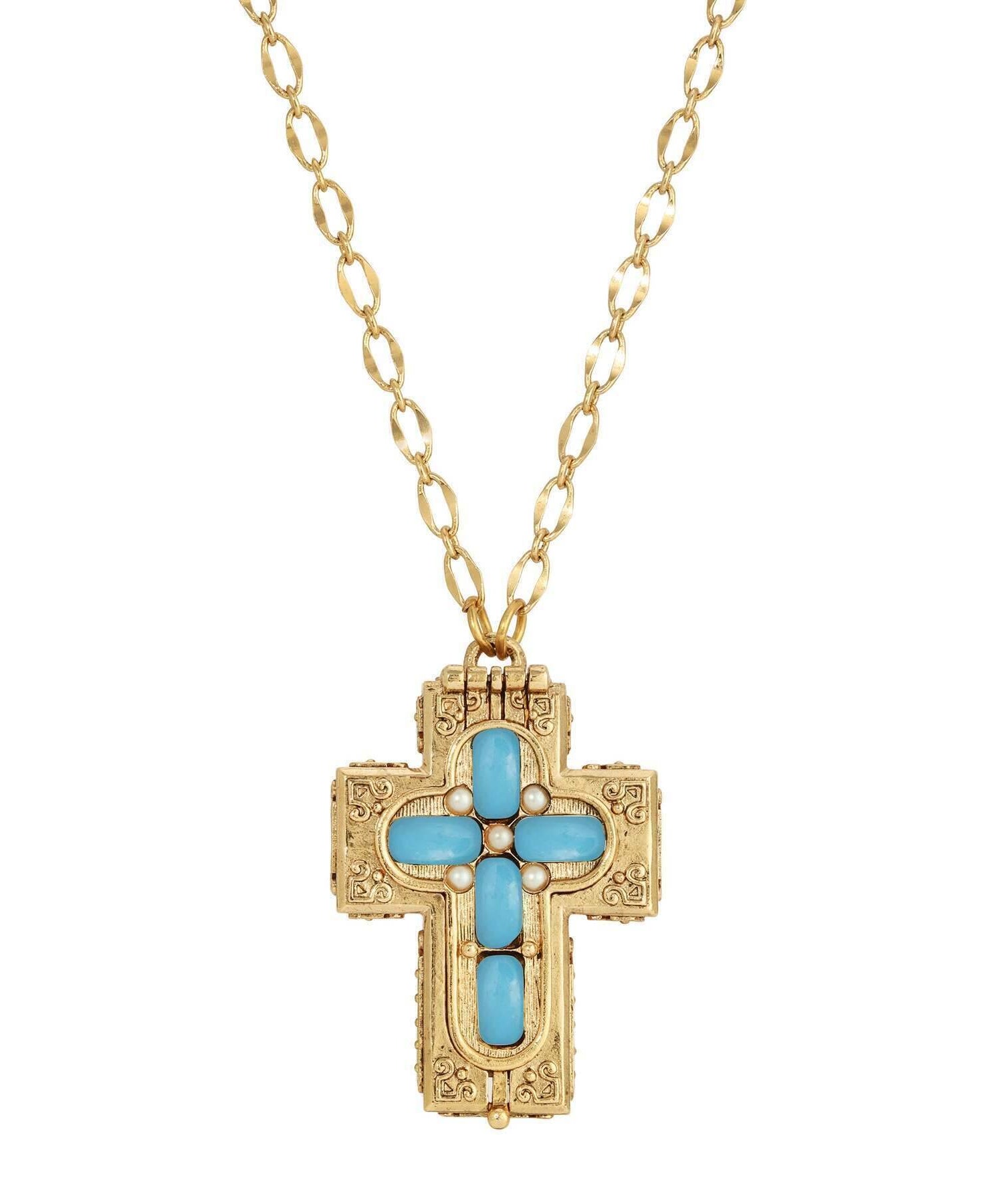 Symbols Of Faith Glass Stone Faux Pearl Cross Reliquary Pendant Necklace 32"