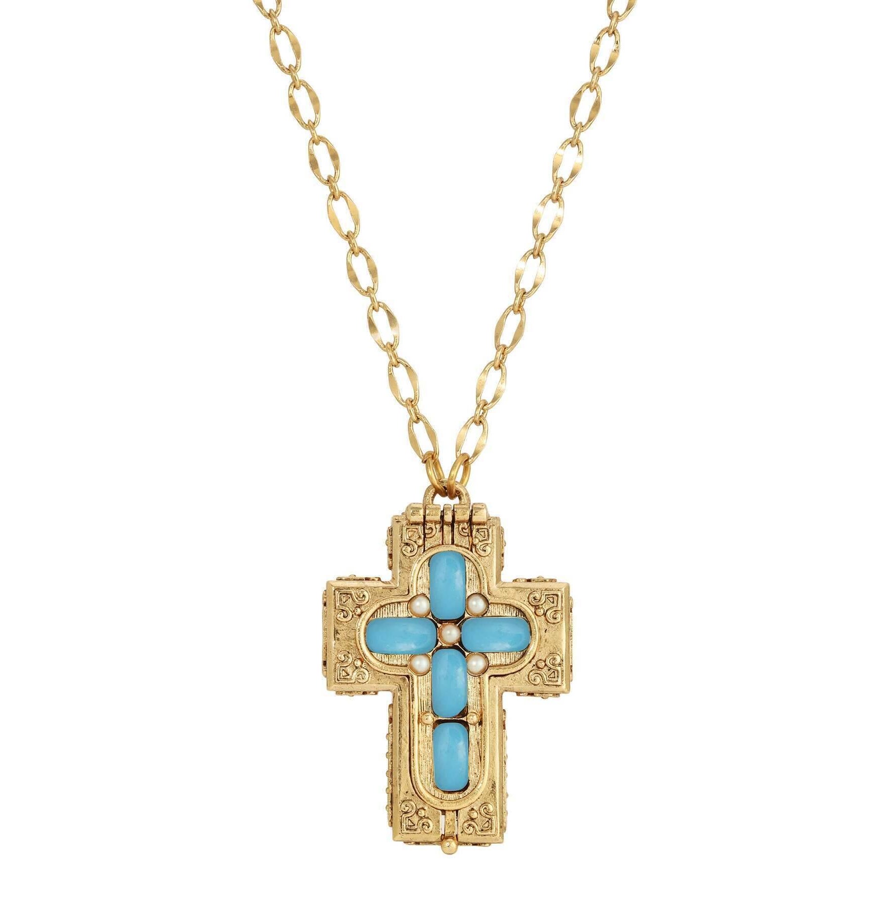 Symbols Of Faith Glass Stone Faux Pearl Cross Reliquary Pendant Necklace 32"