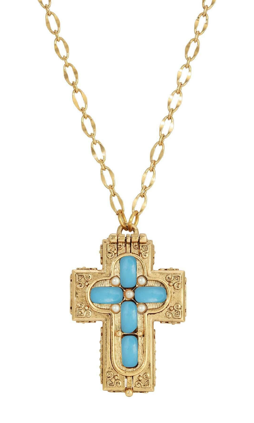 Symbols Of Faith Glass Stone Faux Pearl Cross Reliquary Pendant Necklace 32"