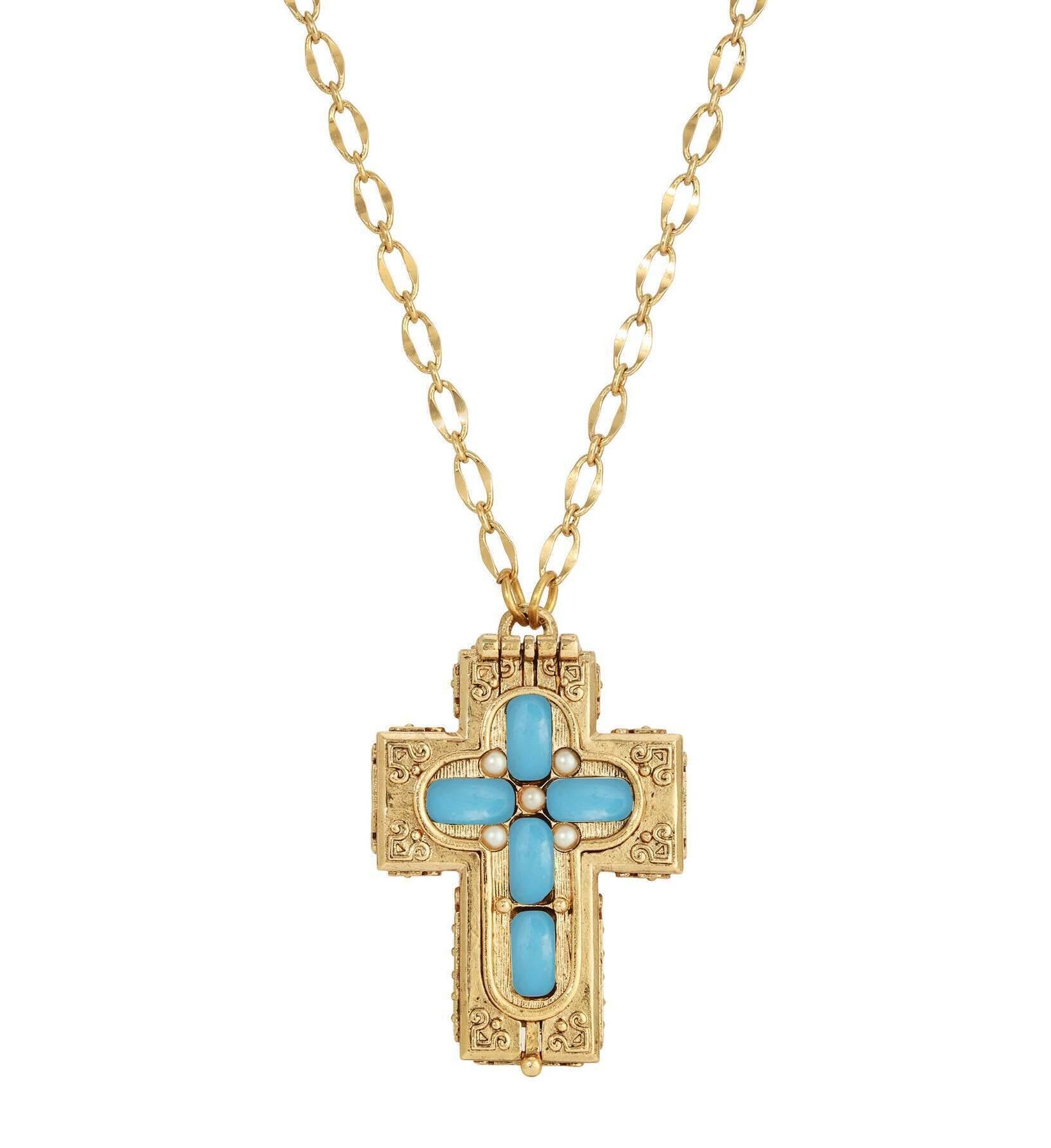 Symbols Of Faith Glass Stone Faux Pearl Cross Reliquary Pendant Necklace 32"