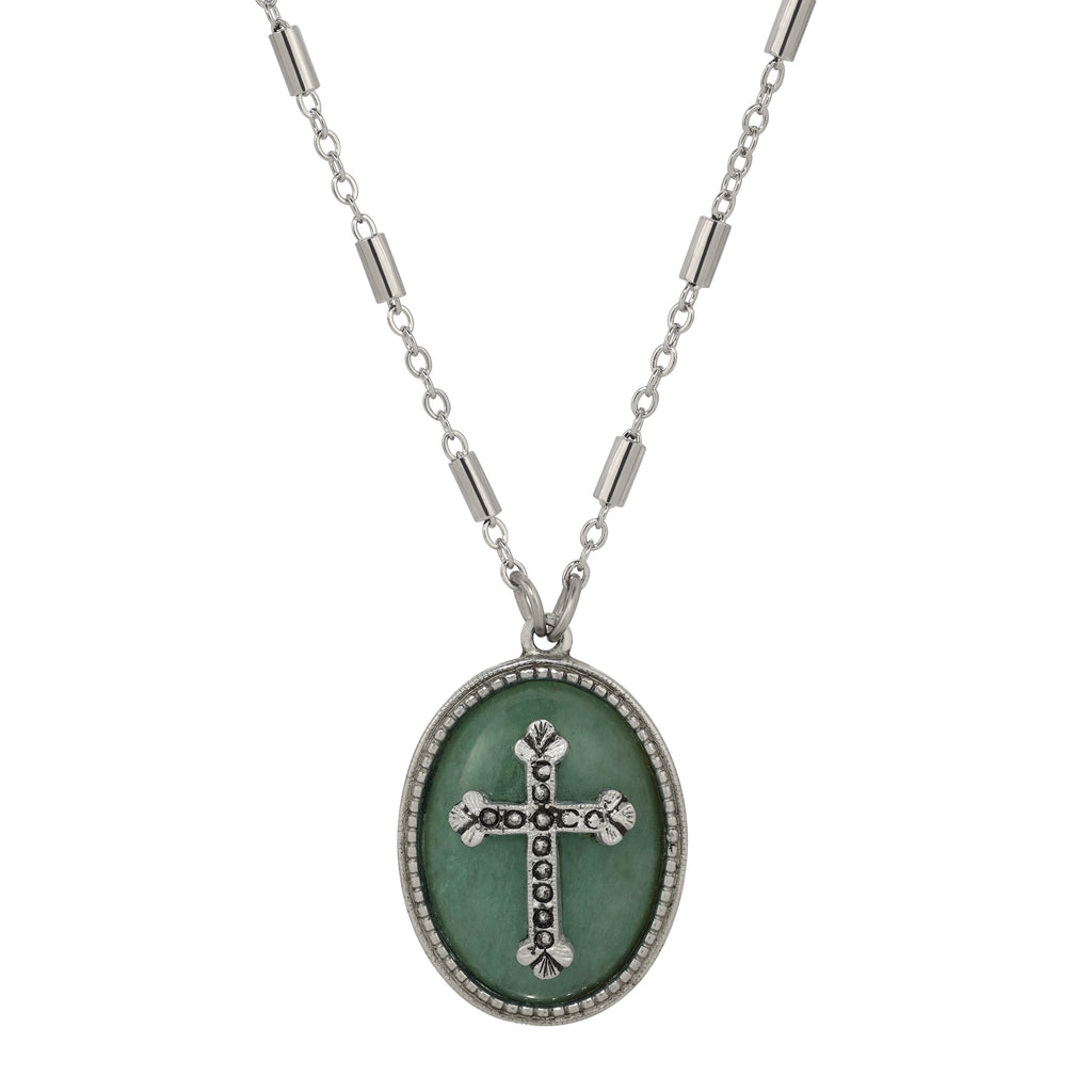 Green Aventurine 1928 Jewelry Oval Gemstone & Cross Pendant Necklace 18"  