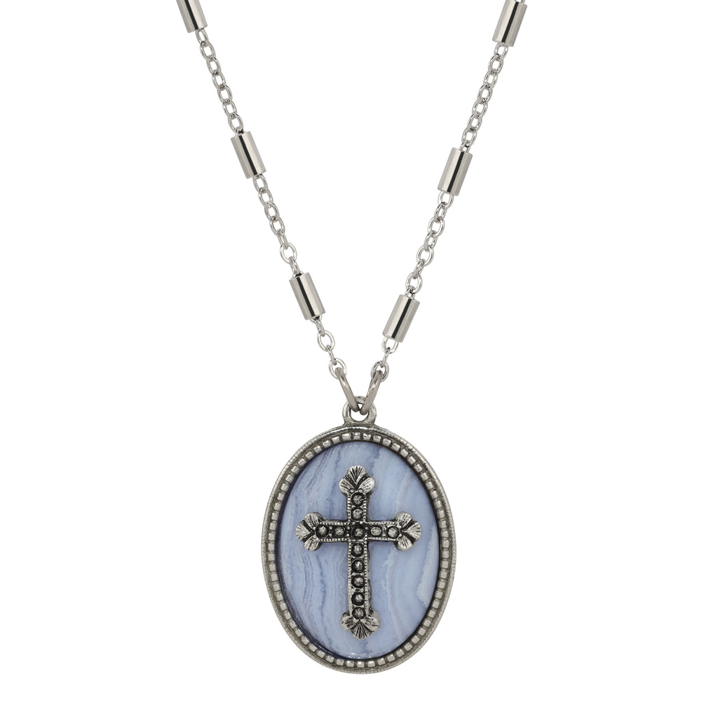 Blue Lace Agate 1928 Jewelry Oval Gemstone & Cross Pendant Necklace 18"  