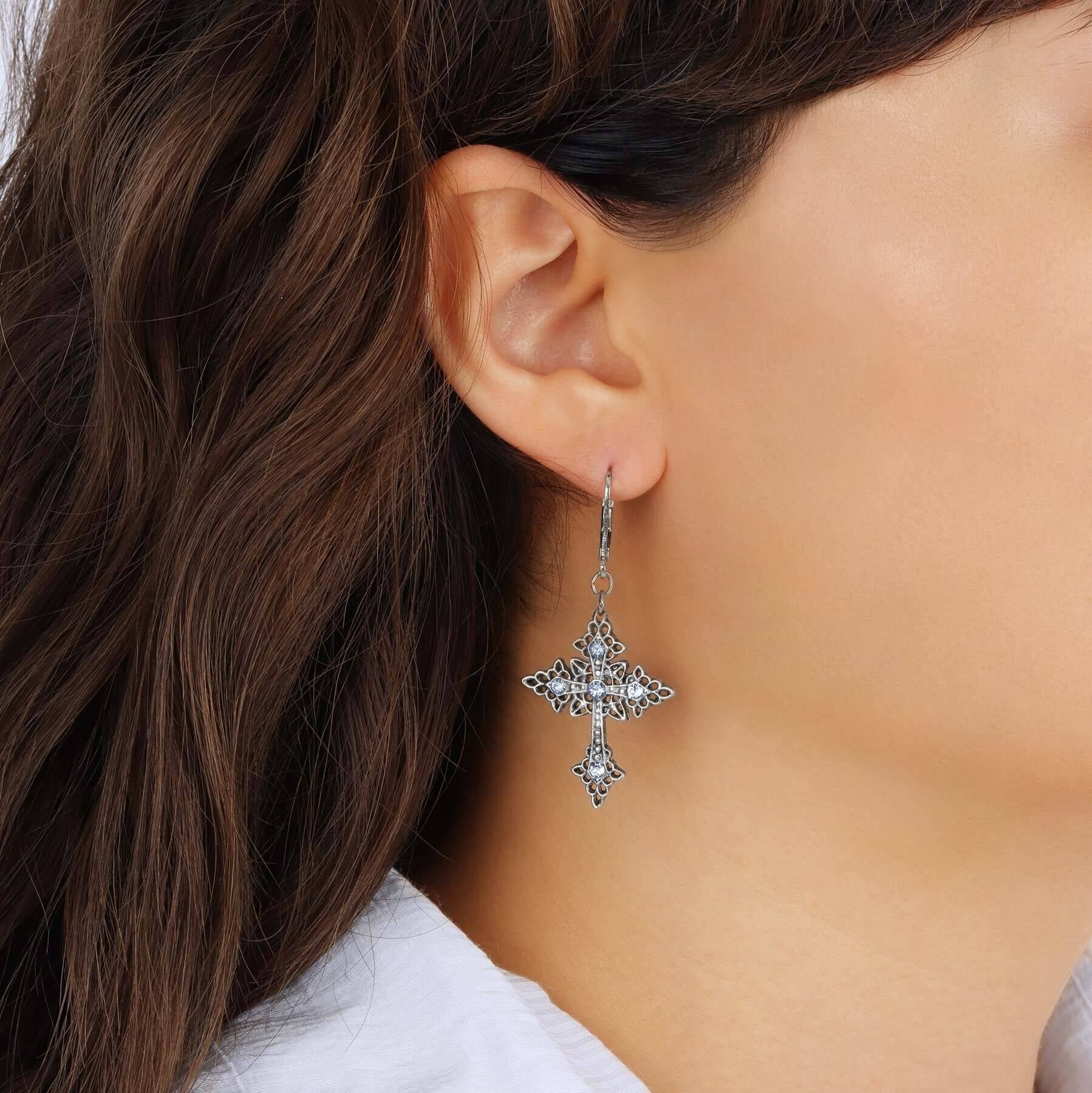 Symbols Of Faith Croce Elegante Light Sapphire Crystal Drop Earrings