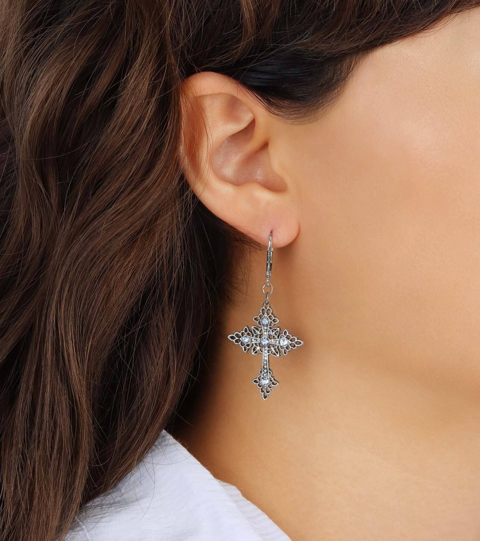 Symbols Of Faith Croce Elegante Light Sapphire Crystal Drop Earrings