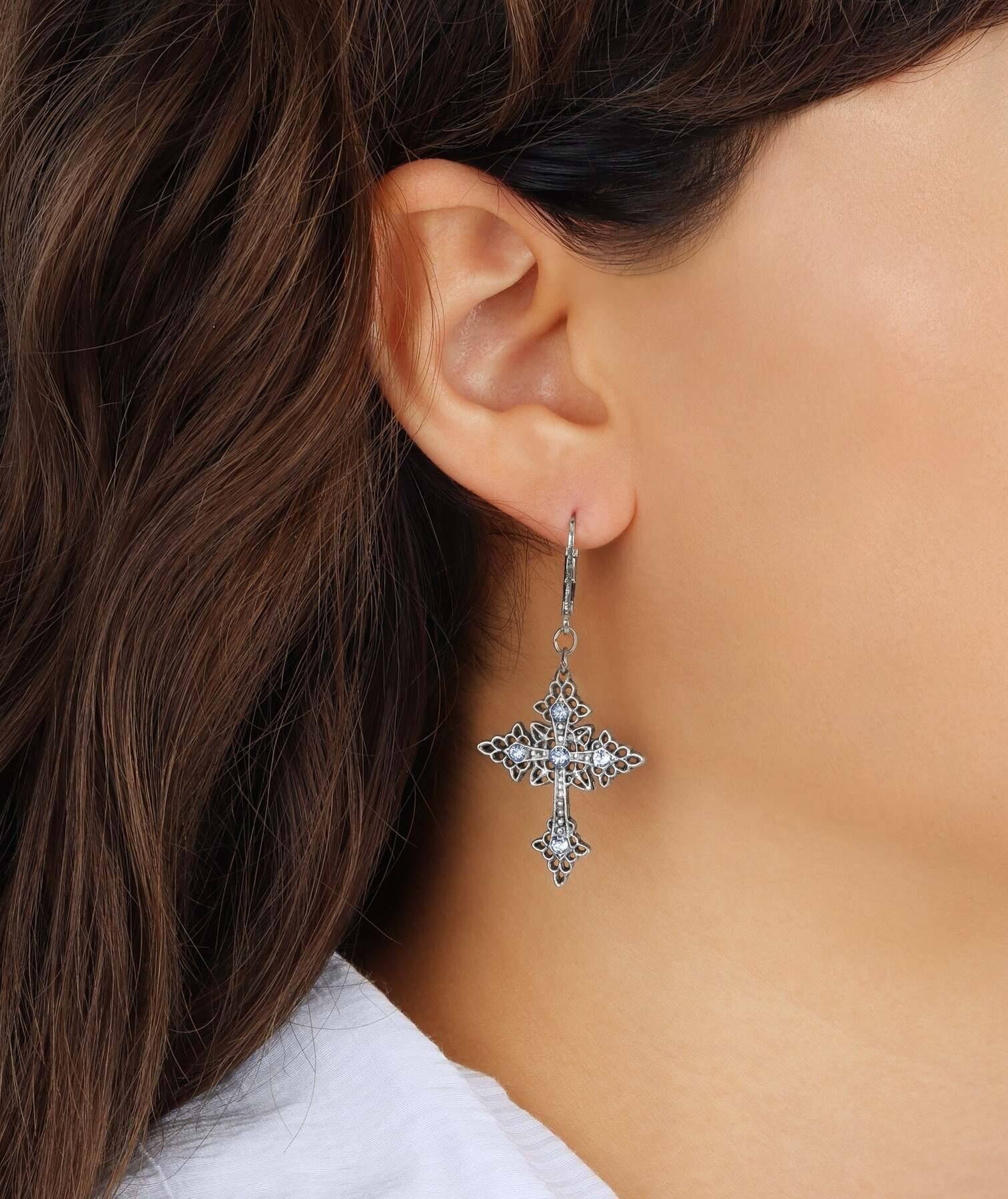 Symbols Of Faith Croce Elegante Light Sapphire Crystal Drop Earrings