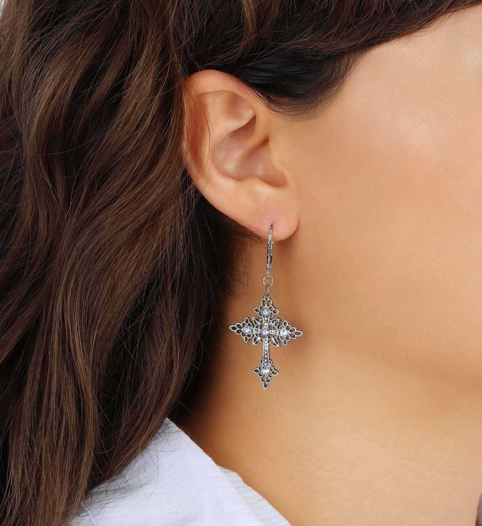 Symbols Of Faith Croce Elegante Light Sapphire Crystal Drop Earrings