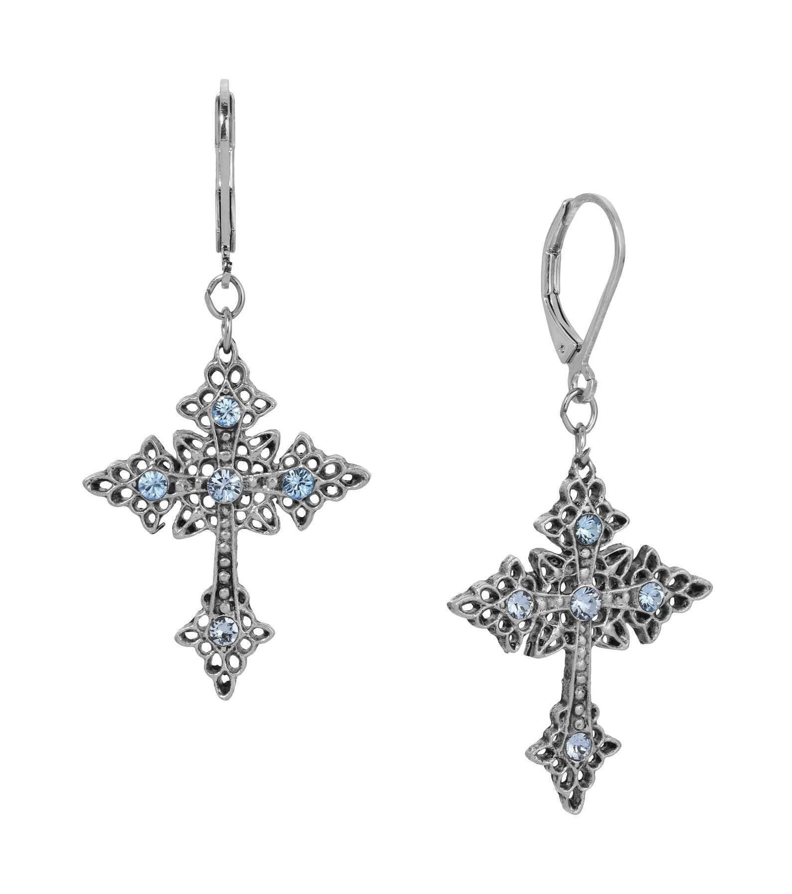 Symbols Of Faith Croce Elegante Light Sapphire Crystal Drop Earrings
