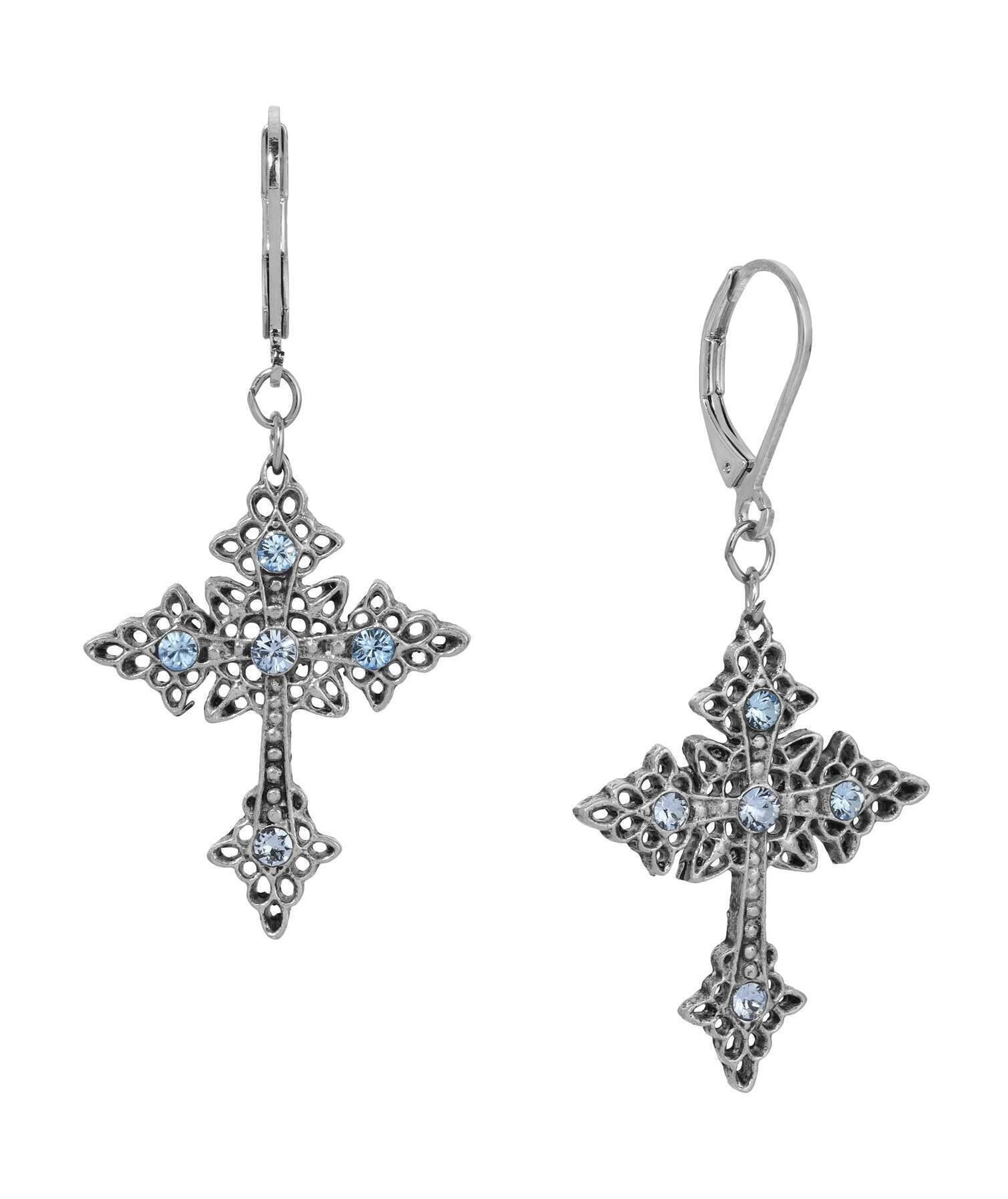 Symbols Of Faith Croce Elegante Light Sapphire Crystal Drop Earrings