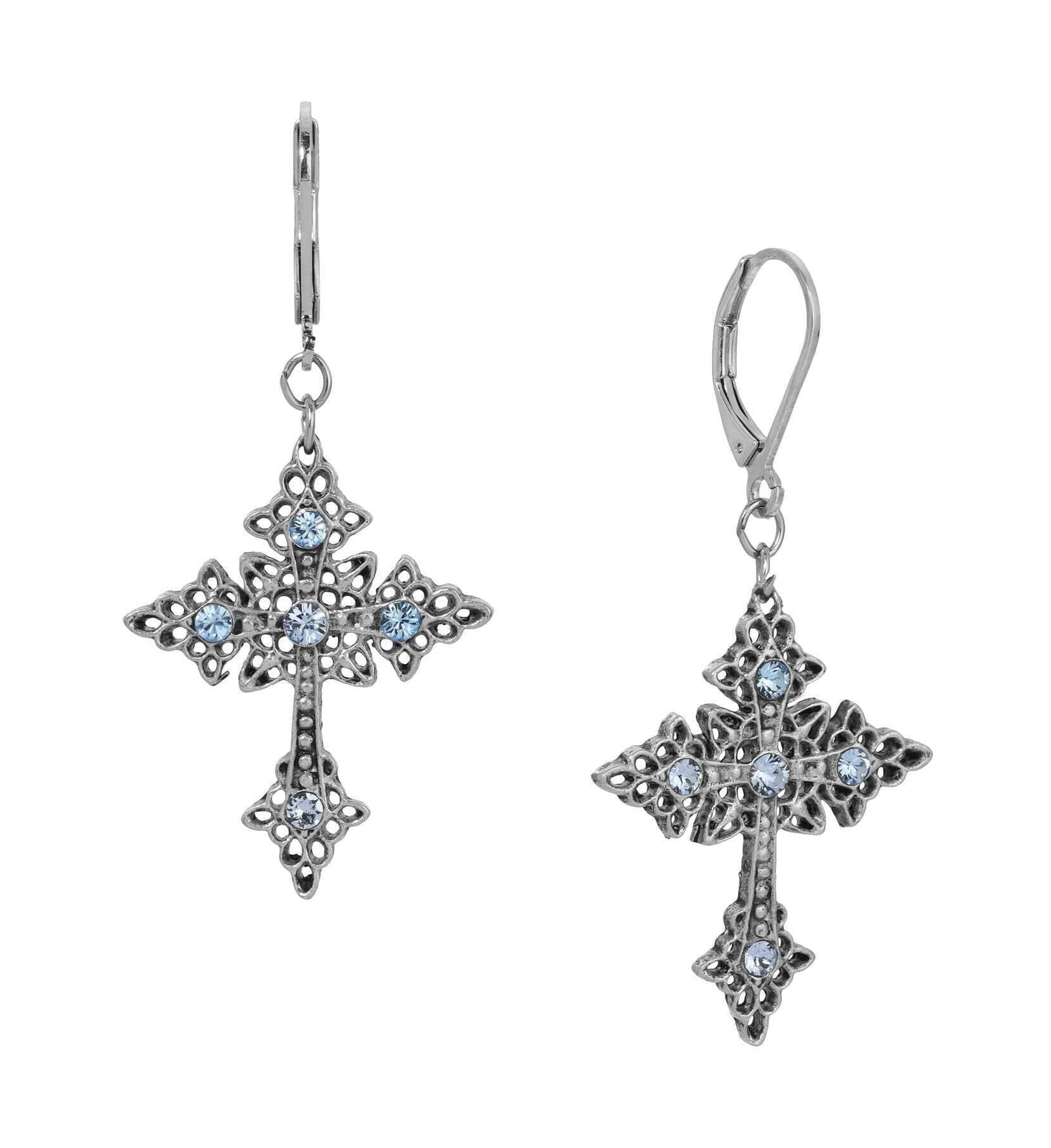 Symbols Of Faith Croce Elegante Light Sapphire Crystal Drop Earrings
