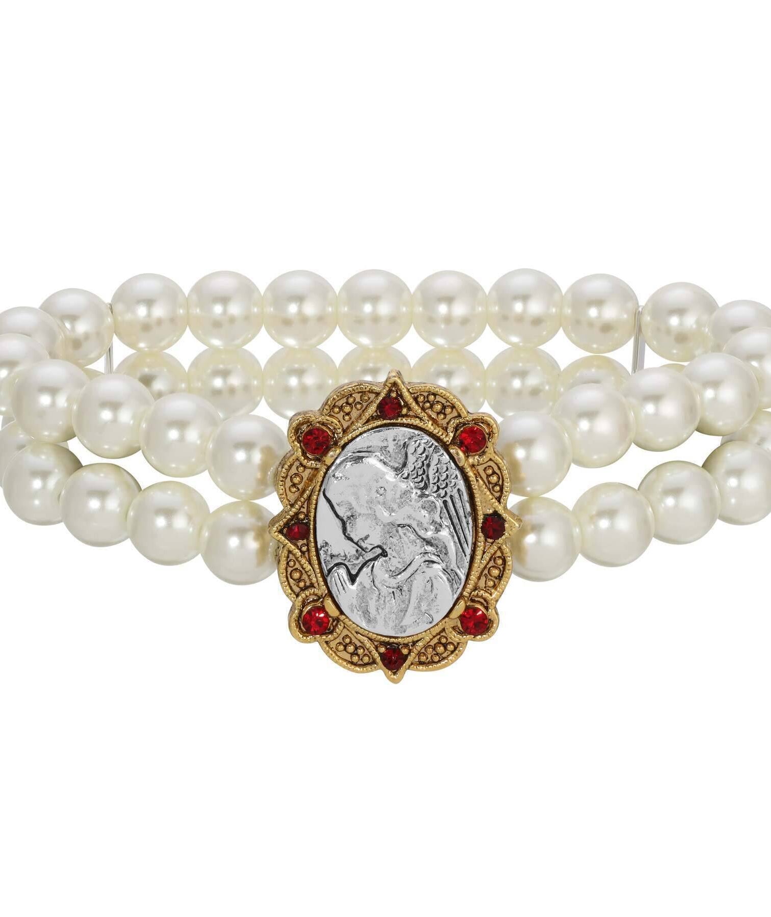Symbols Of Faith Guardian Angel Red Crystal Two Row Faux Pearl Stretch Bracelet