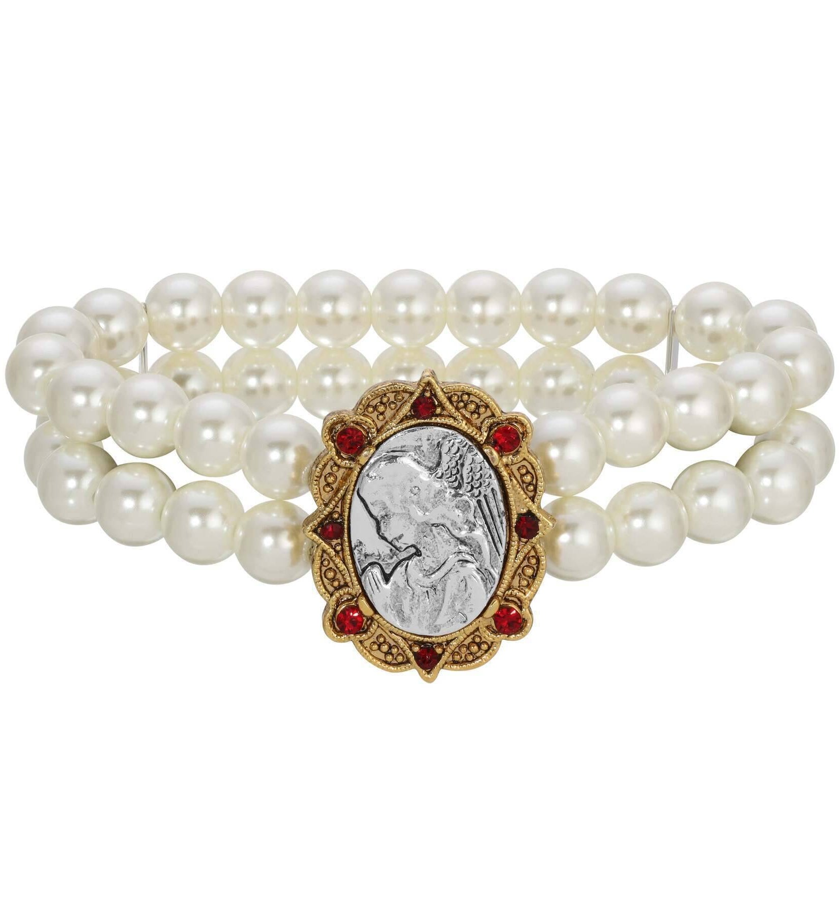 Symbols Of Faith Guardian Angel Red Crystal Two Row Faux Pearl Stretch Bracelet