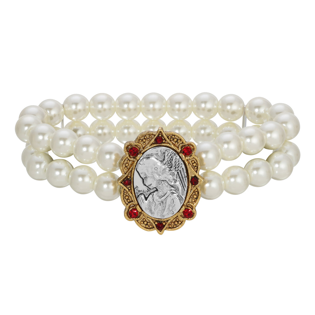Symbols Of Faith Guardian Angel Red Crystal Two Row Faux Pearl Stretch Bracelet