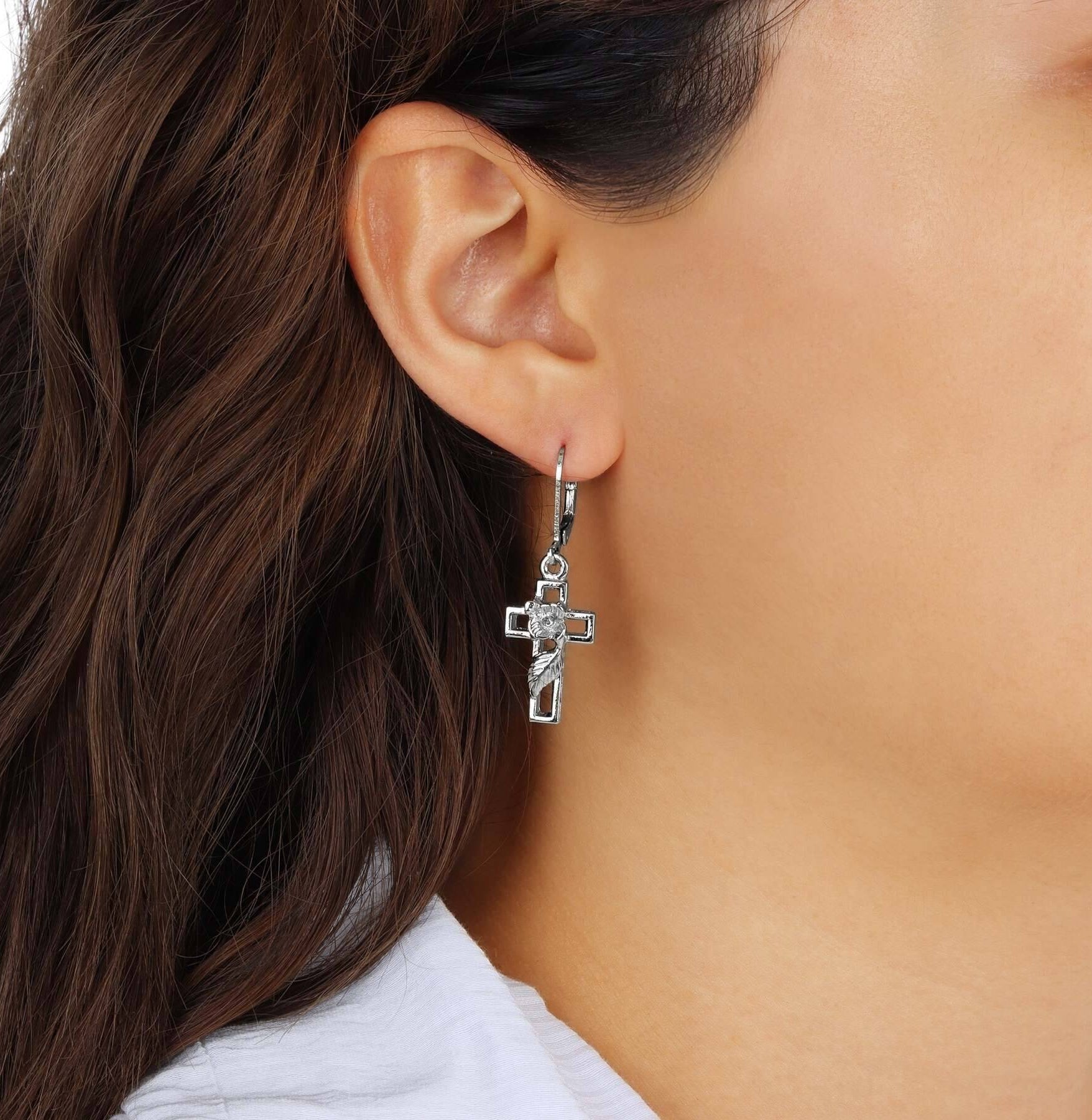 Symbols Of Faith Cross And Rose Drop Earrings