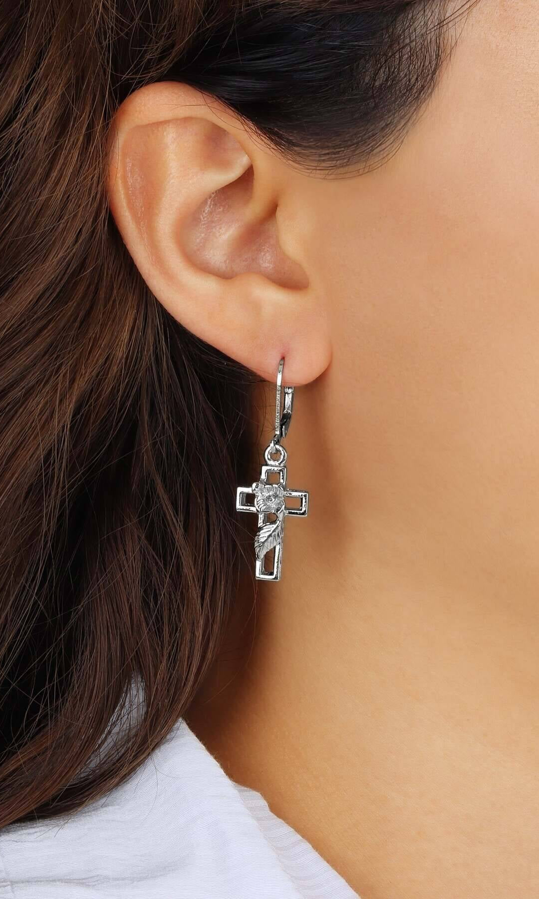 Symbols Of Faith Cross And Rose Drop Earrings