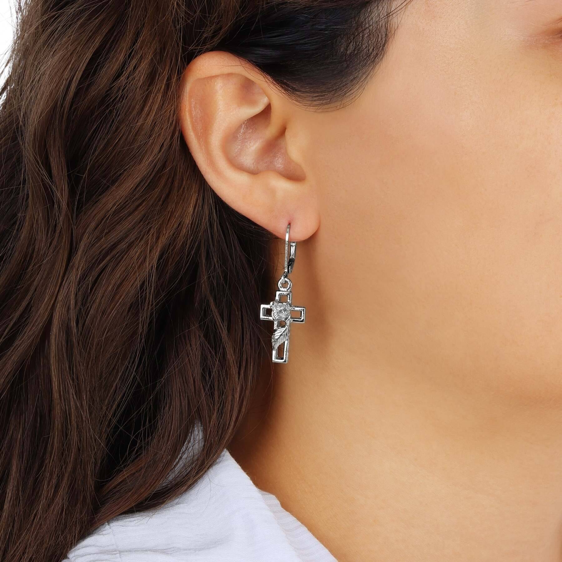 Symbols Of Faith Cross And Rose Drop Earrings