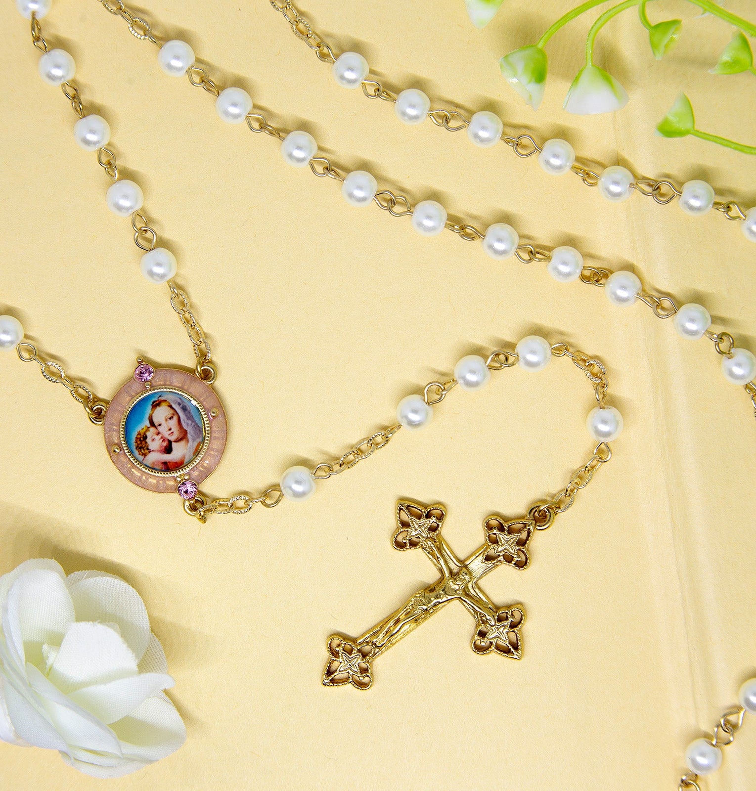 Symbols Of Faith Faux Pearl Pink Madonna and Child Decal Crucifix Rosary 30"