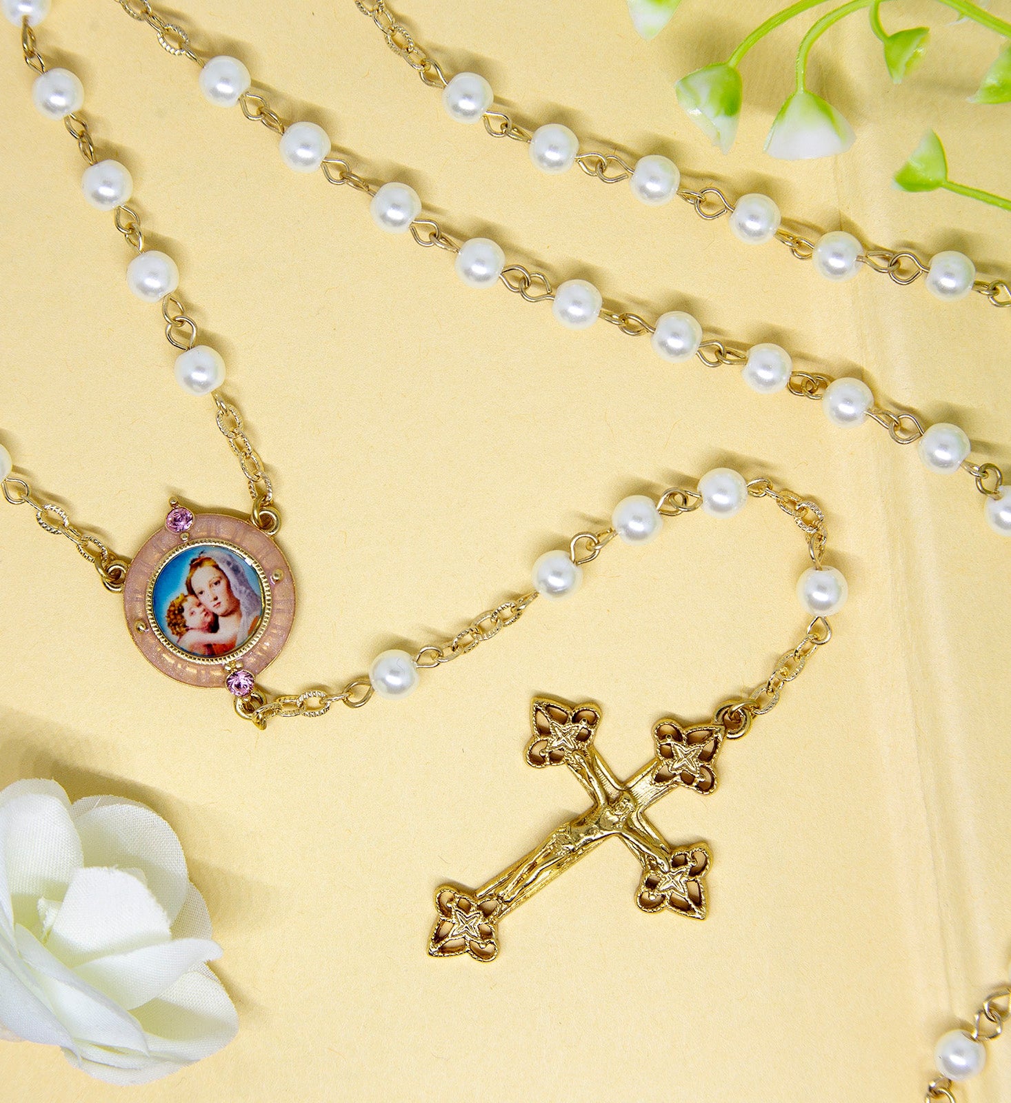 Symbols Of Faith Faux Pearl Pink Madonna and Child Decal Crucifix Rosary 30"