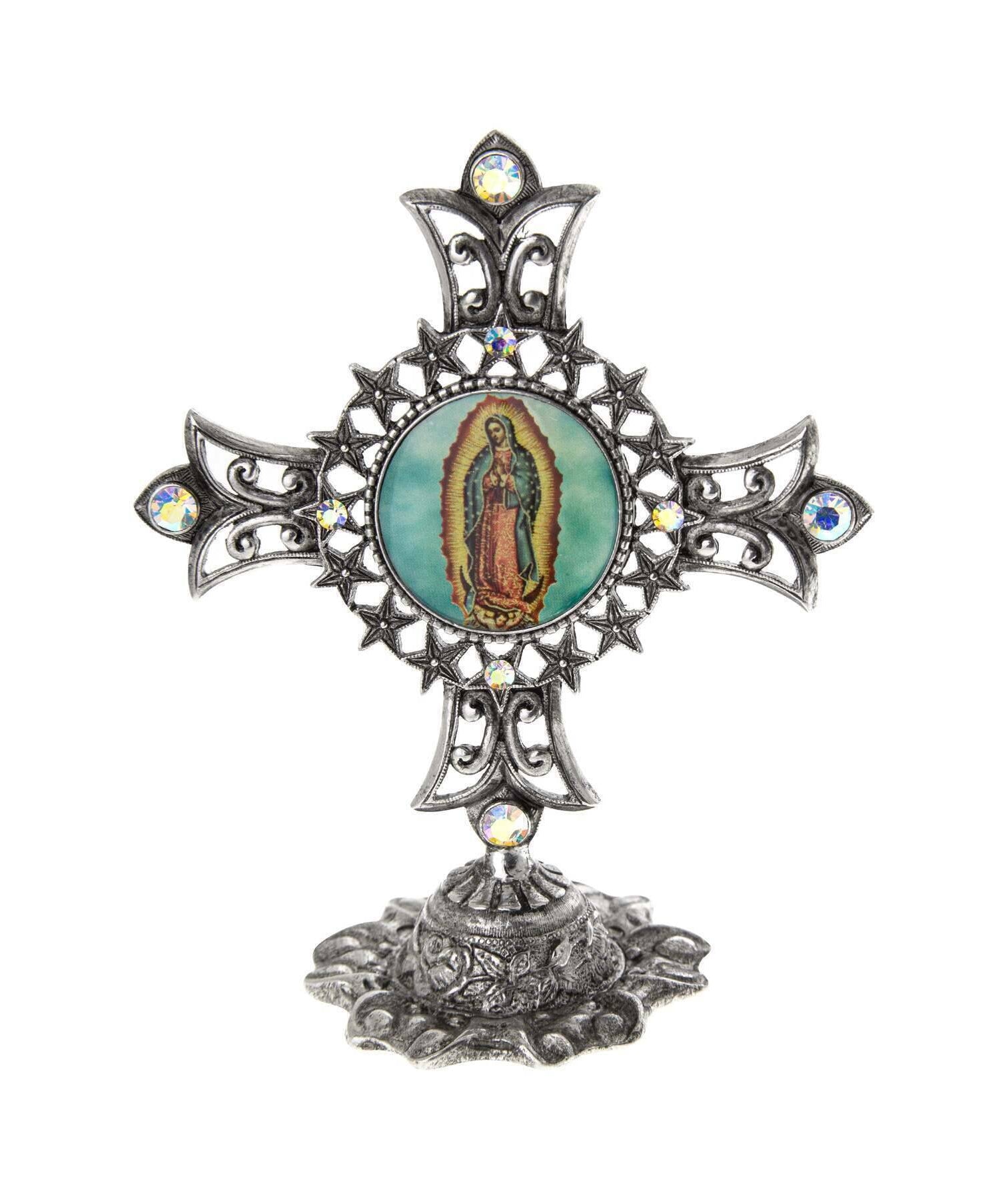 Symbols Of Faith Our Lady of Guadalupe AB Crystal Cross Tabletop Stand