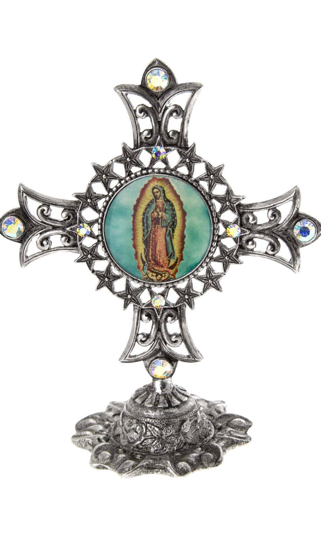 Symbols Of Faith Our Lady of Guadalupe AB Crystal Cross Tabletop Stand