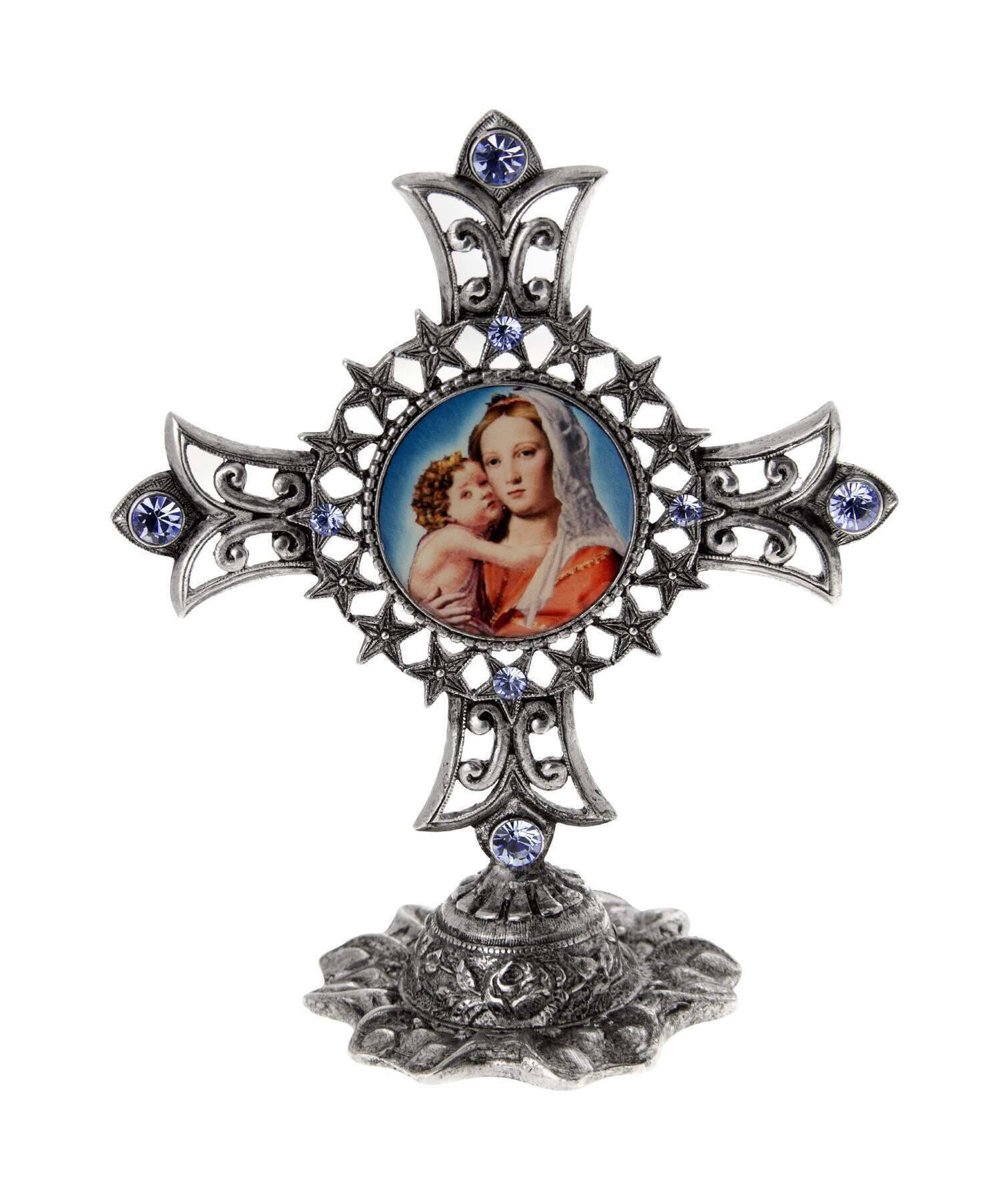 Symbols Of Faith Mary And Child Light Sapphire Blue Crystal Cross Tabletop Stand