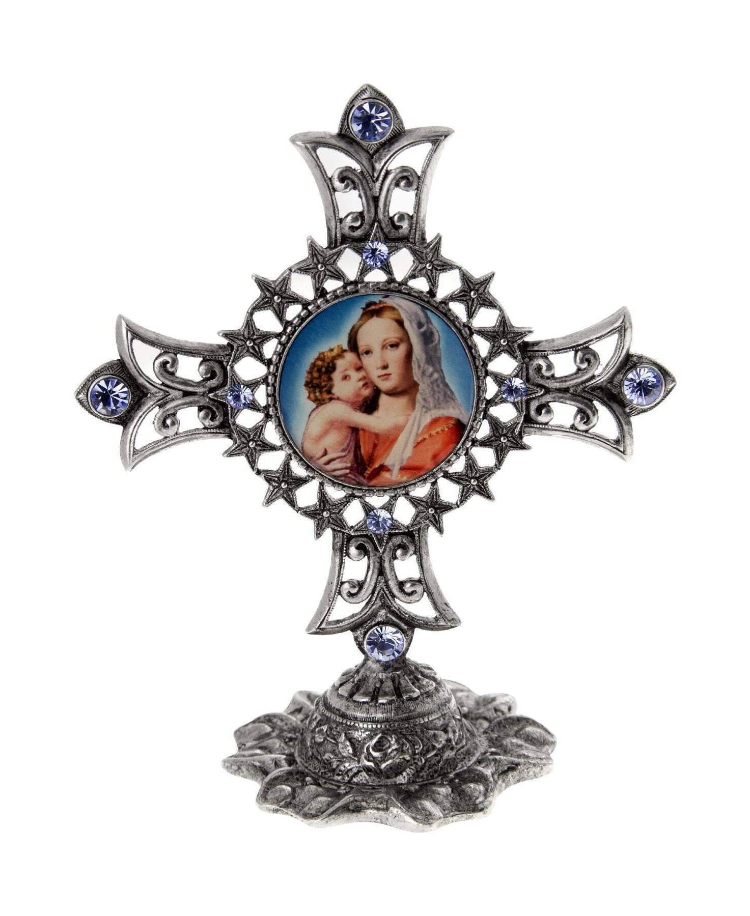 Symbols Of Faith Mary And Child Light Sapphire Blue Crystal Cross Tabletop Stand