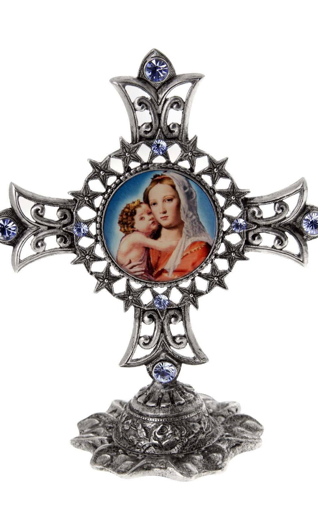 Symbols Of Faith Mary And Child Light Sapphire Blue Crystal Cross Tabletop Stand