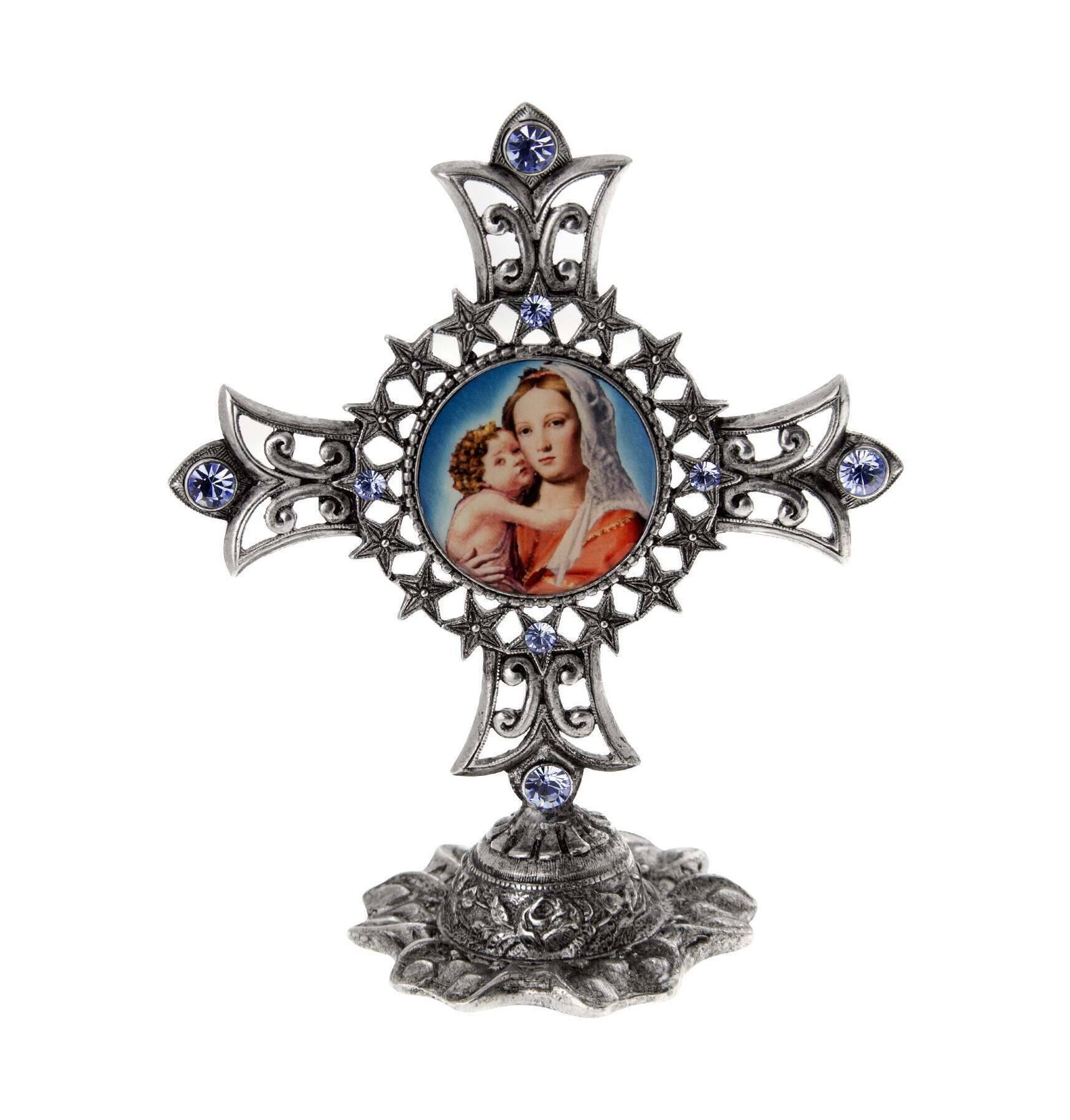 Symbols Of Faith Mary And Child Light Sapphire Blue Crystal Cross Tabletop Stand