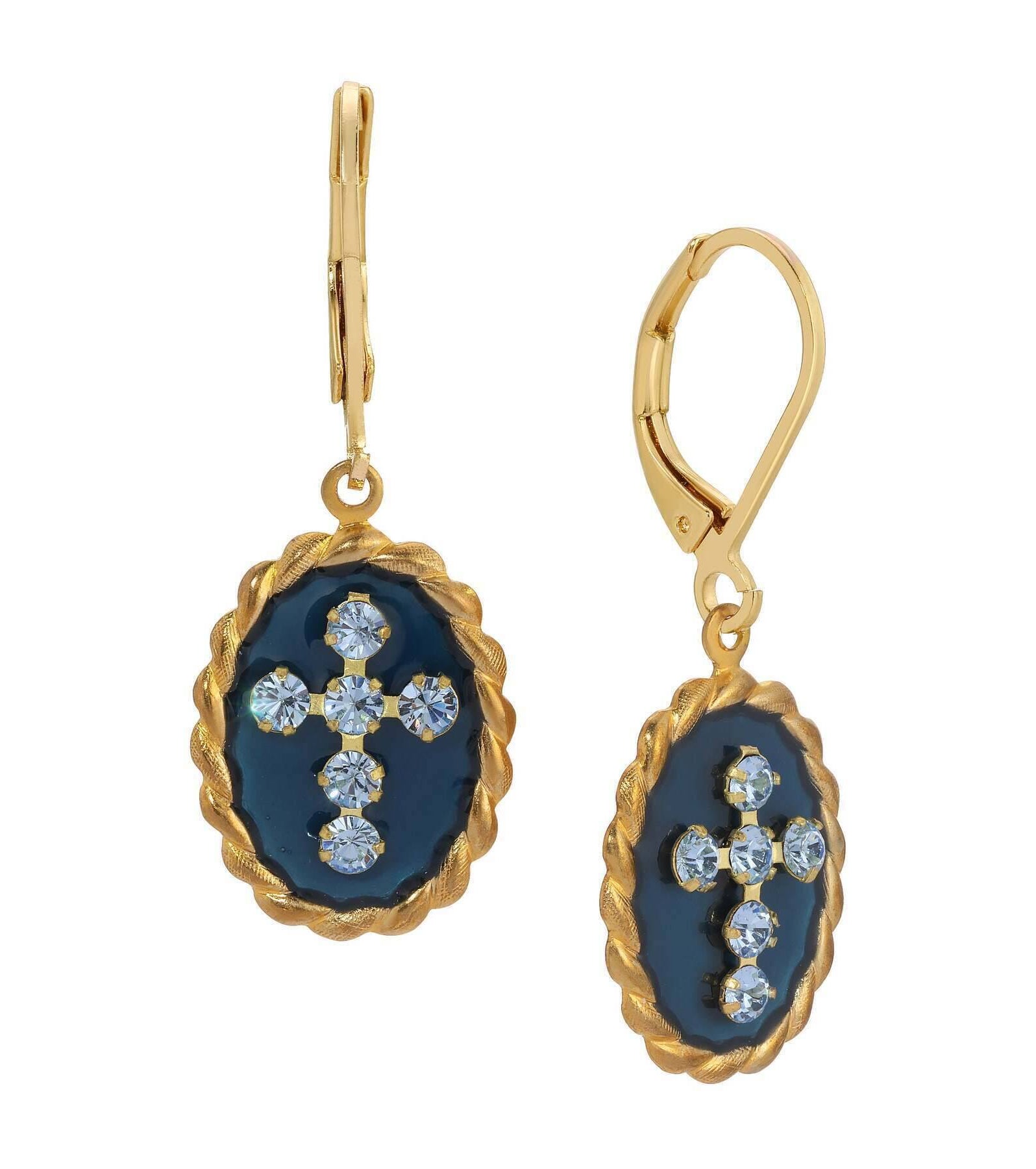 Symbols Of Faith Blue Enamel Crystal Cross Oval Roped Drop Earrings