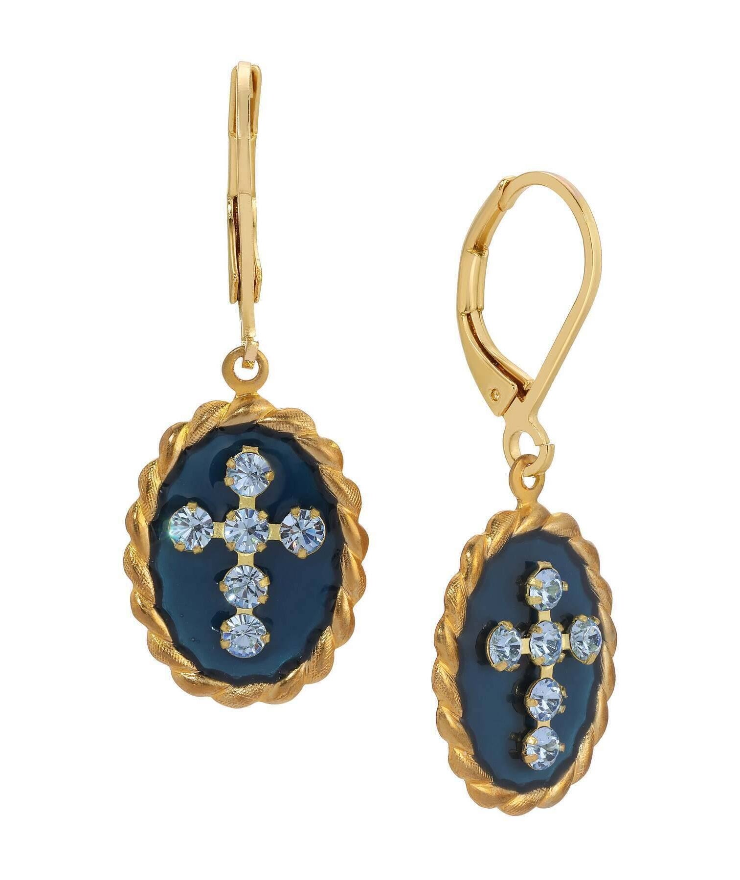 Symbols Of Faith Blue Enamel Crystal Cross Oval Roped Drop Earrings