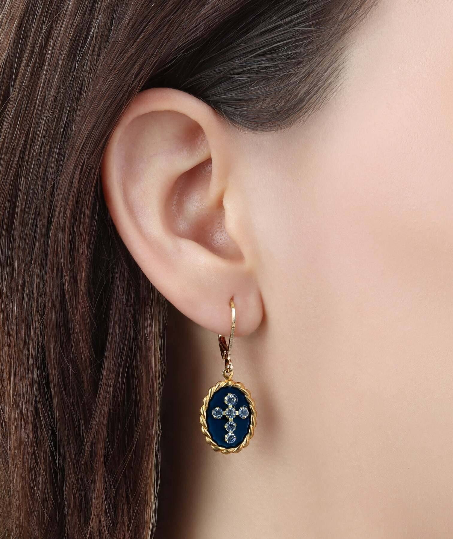 Symbols Of Faith Blue Enamel Crystal Cross Oval Roped Drop Earrings