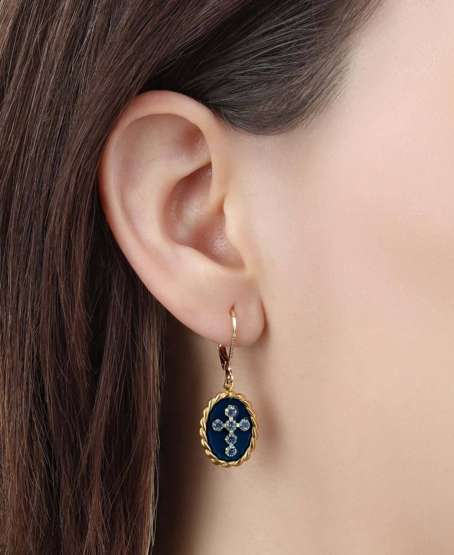 Symbols Of Faith Blue Enamel Crystal Cross Oval Roped Drop Earrings