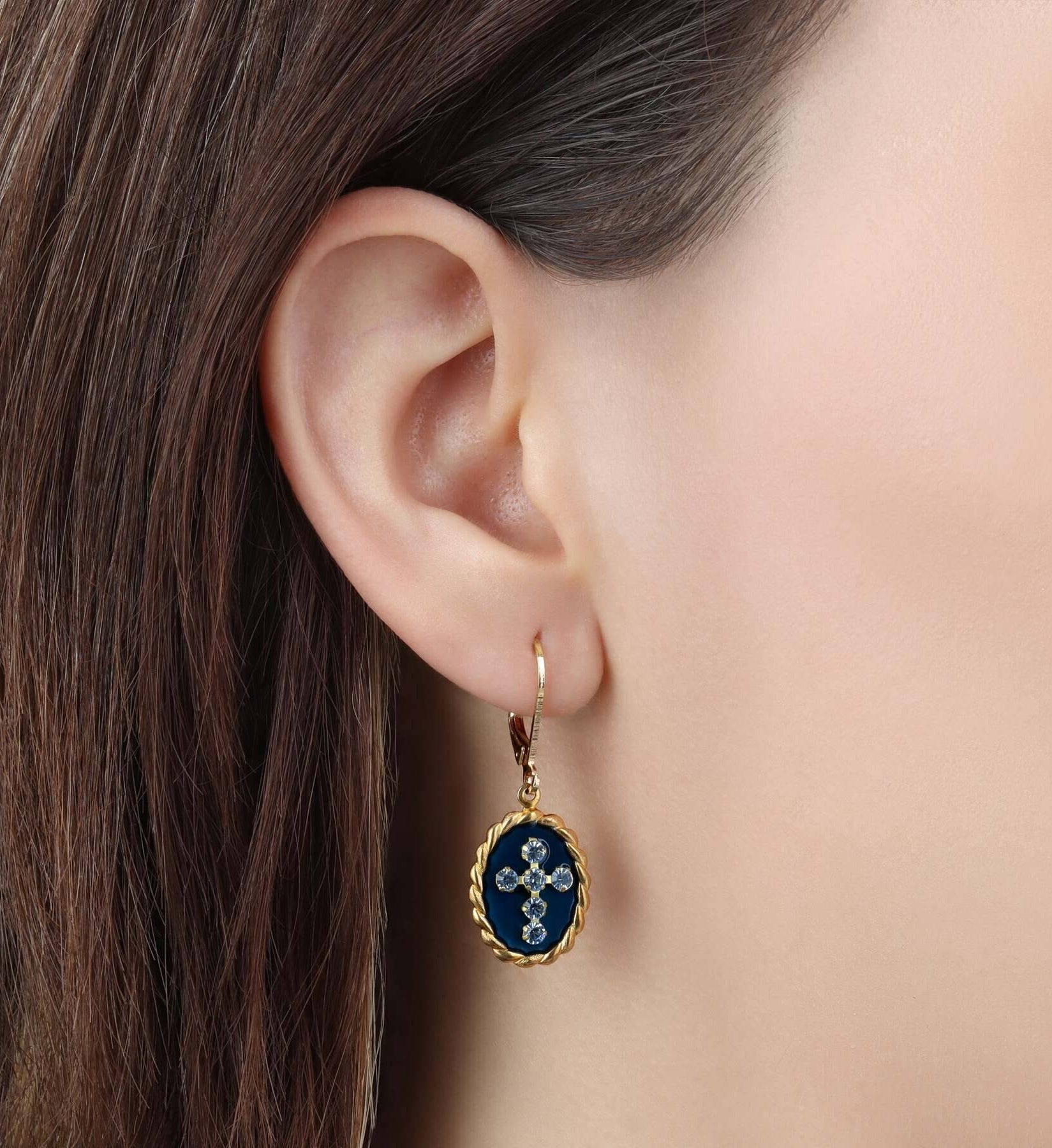 Symbols Of Faith Blue Enamel Crystal Cross Oval Roped Drop Earrings