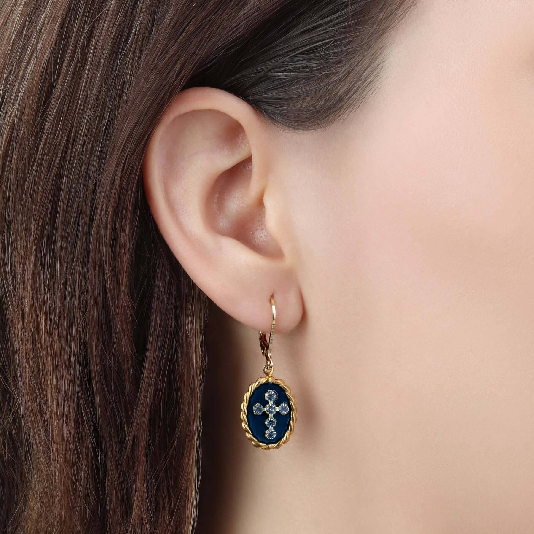Symbols Of Faith Blue Enamel Crystal Cross Oval Roped Drop Earrings