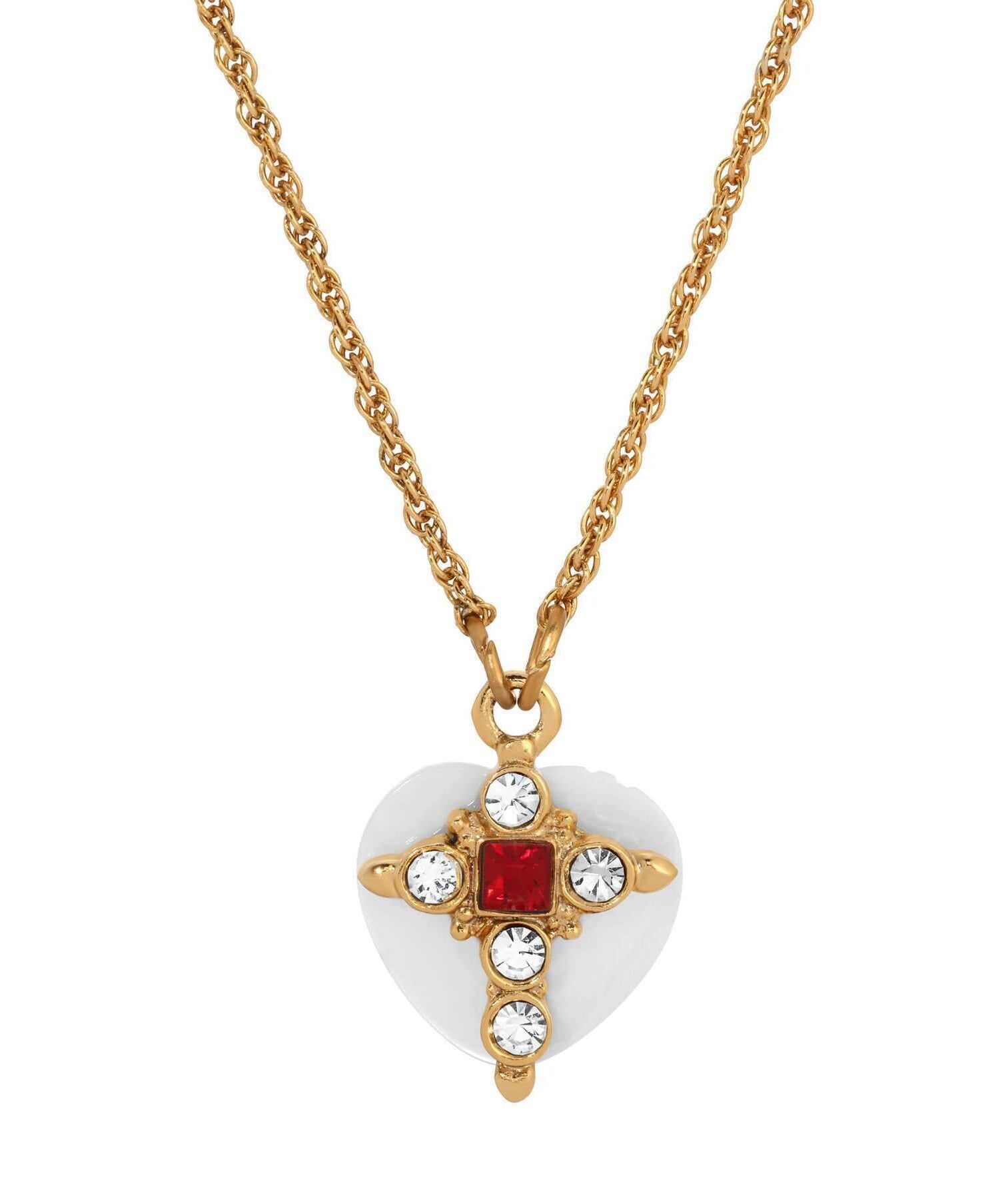 Symbols Of Faith Mother Of Pearl Heart & Crystal Cross Pendant Necklace 16" + 3" Extension