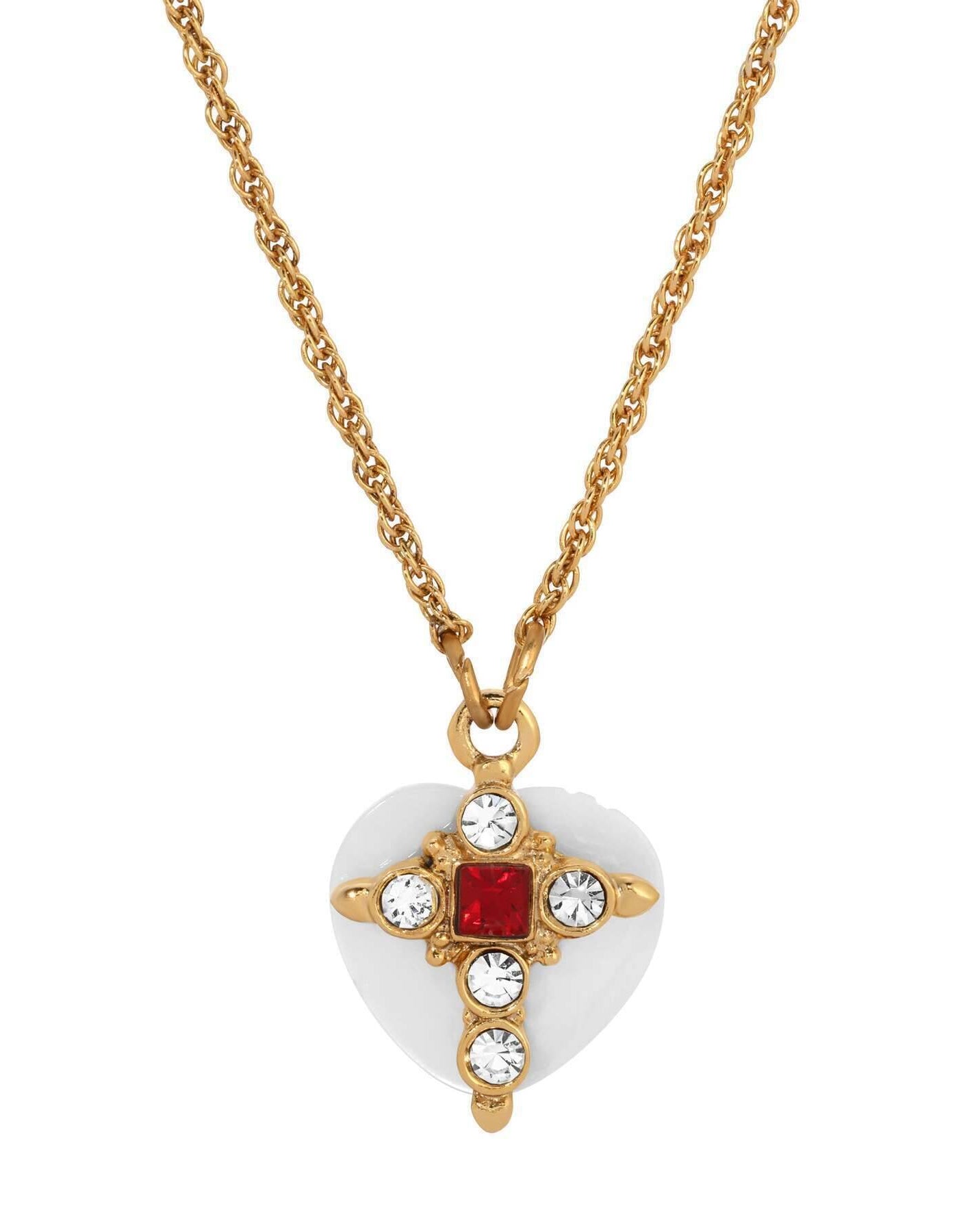 Symbols Of Faith Mother Of Pearl Heart & Crystal Cross Pendant Necklace 16" + 3" Extension