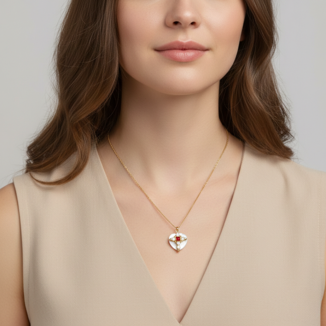 Woman wearing a gold necklace with a heart-shaped pendant against a neutral background