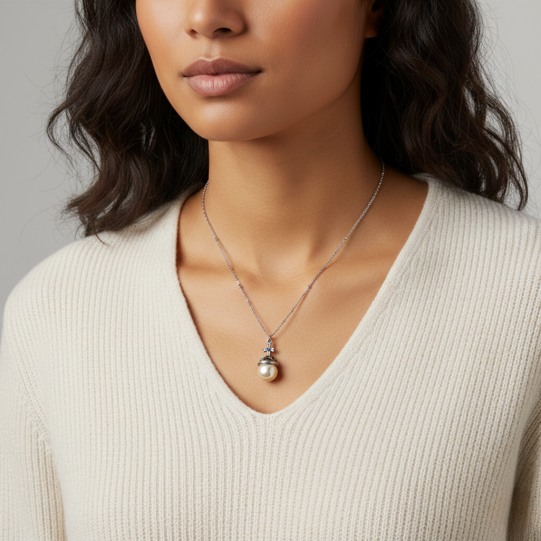 Woman wearing a necklace with a pearl cross pendant against a neutral background