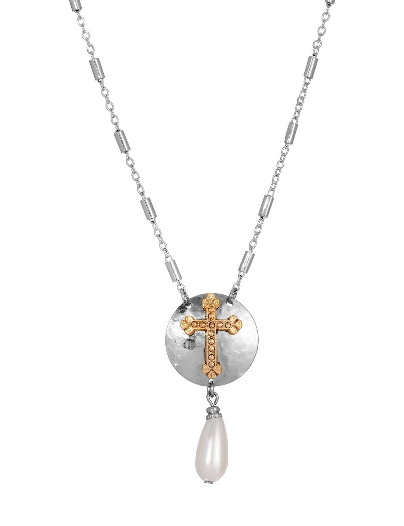 Symbols Of Faith Silver Shield & Cross Pearl Drop Necklace 16" + 3" Extension