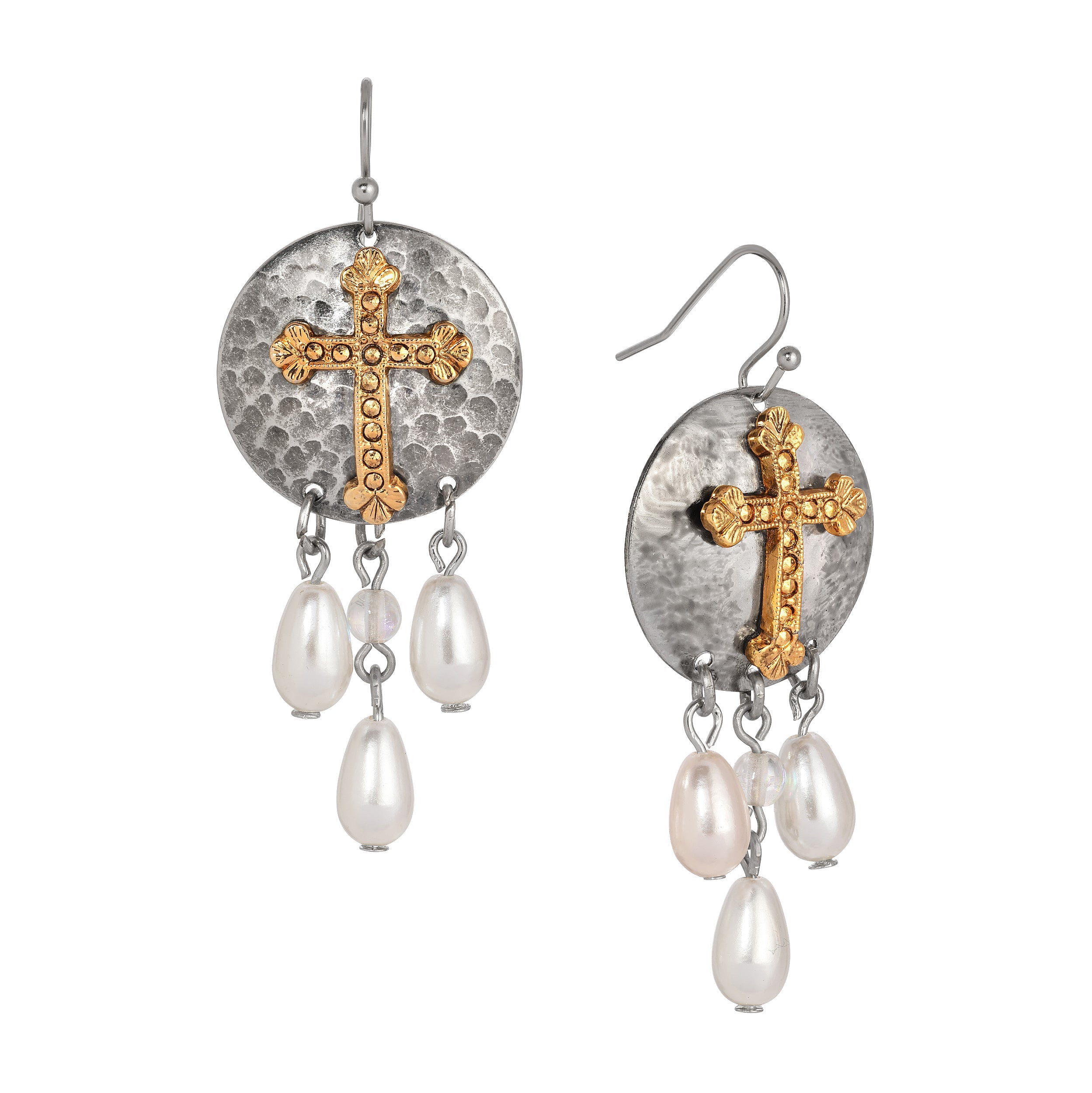 Symbols of Faith Hammered Drops And Cross Faux Pearl Dangling Earrings
