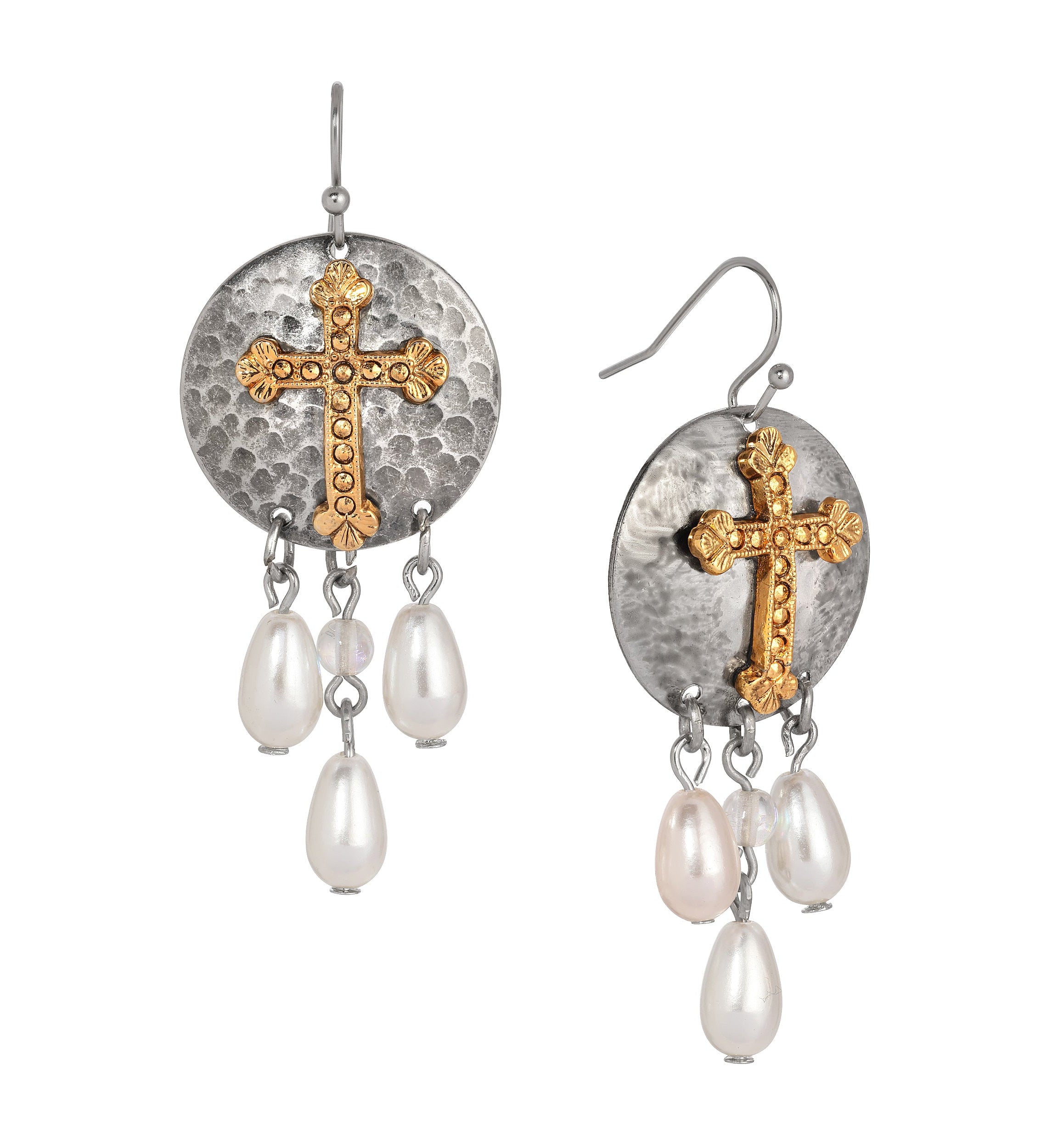 Symbols of Faith Hammered Drops And Cross Faux Pearl Dangling Earrings