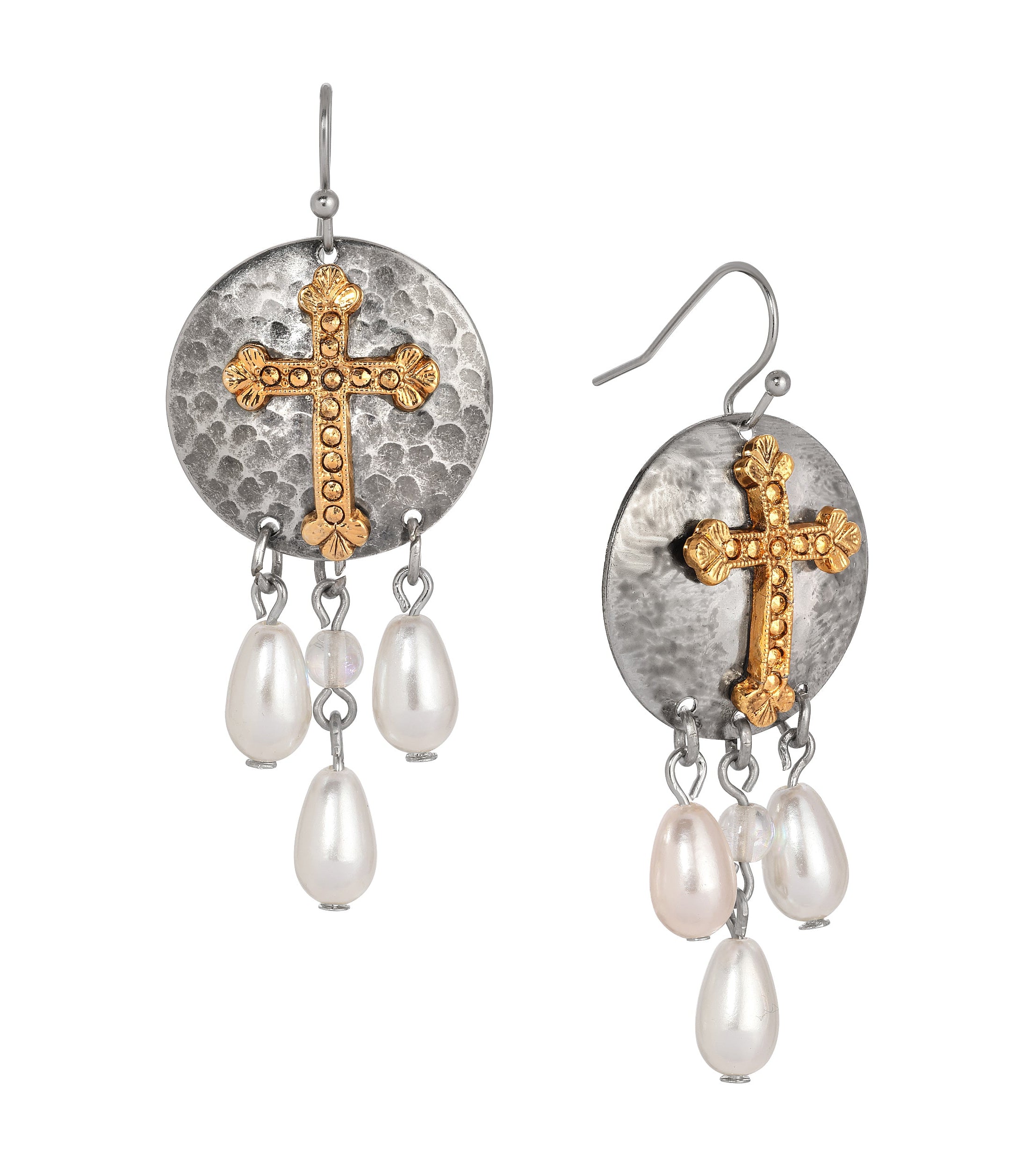 Symbols of Faith Hammered Drops And Cross Faux Pearl Dangling Earrings
