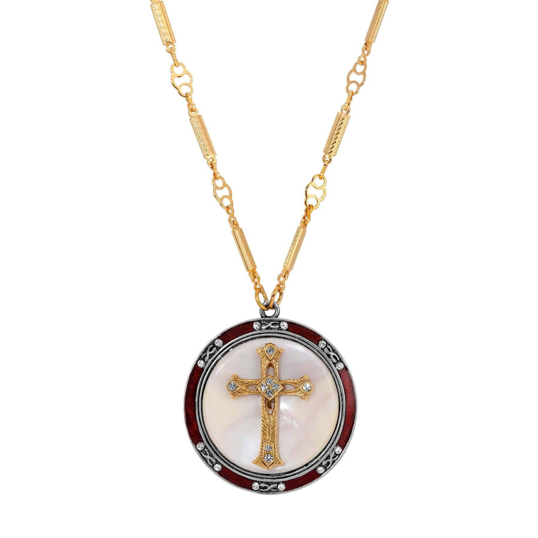 Symbols Of Faith Round Mother Of Pearl Crystal Cross Red Enameled Pendant Necklace 30"