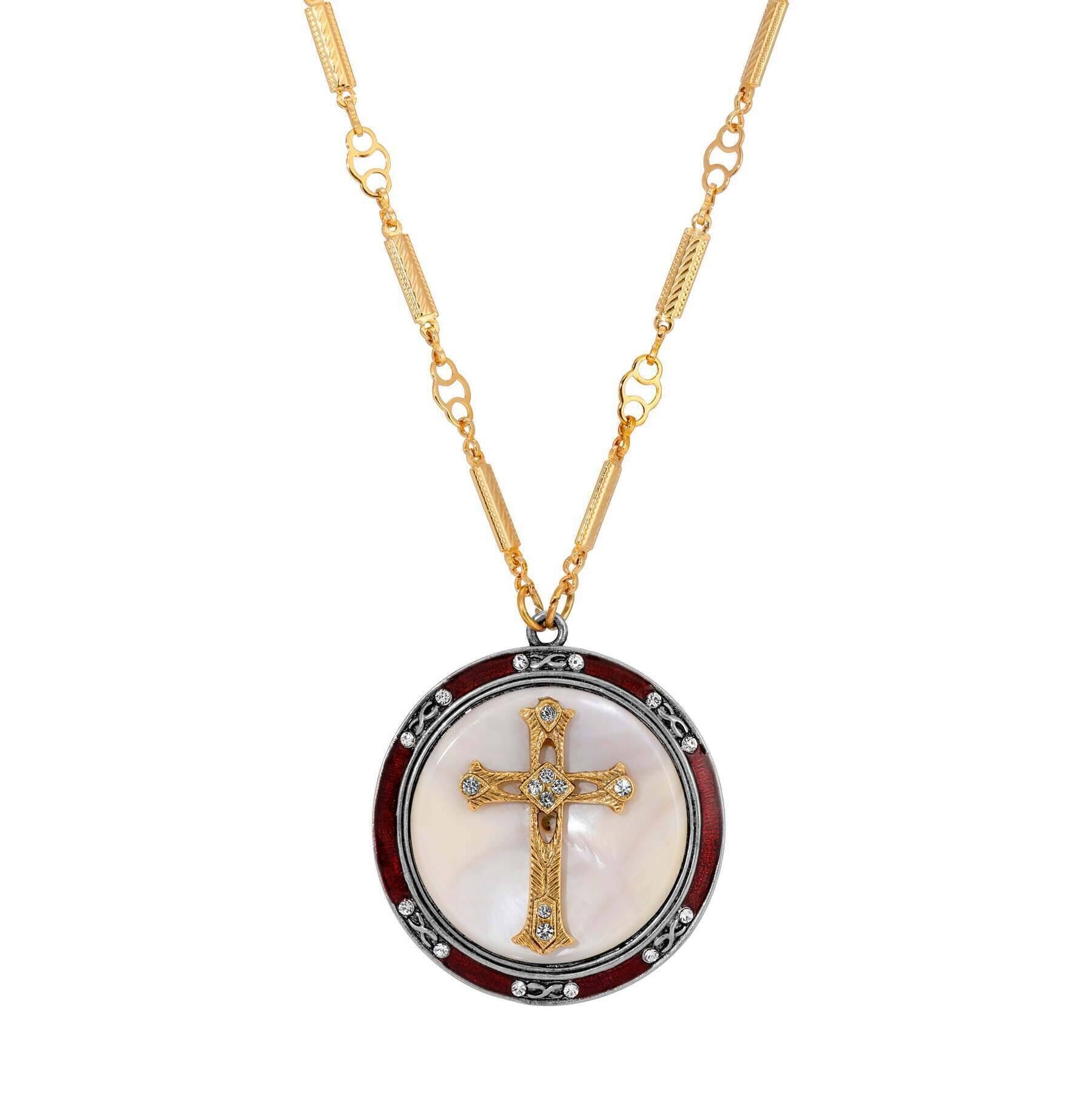 Symbols Of Faith Round Mother Of Pearl Crystal Cross Red Enameled Pendant Necklace 30"