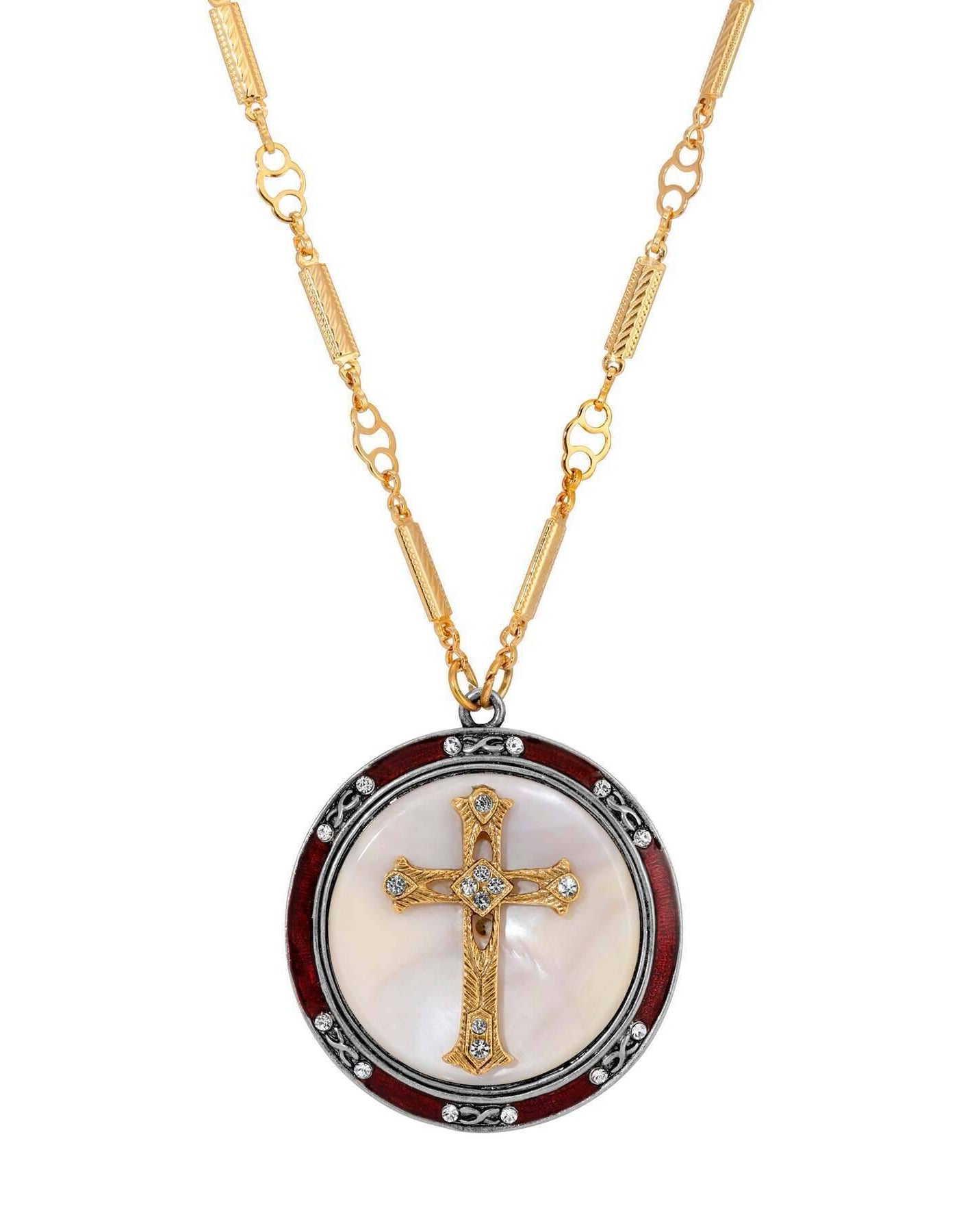 Symbols Of Faith Round Mother Of Pearl Crystal Cross Red Enameled Pendant Necklace 30"
