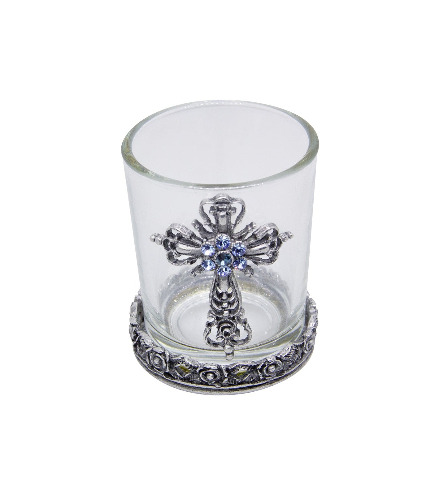 Symbols Of Faith Light Sapphire Blue Crystals Cross Glass Candle Holder With Tea Light LED